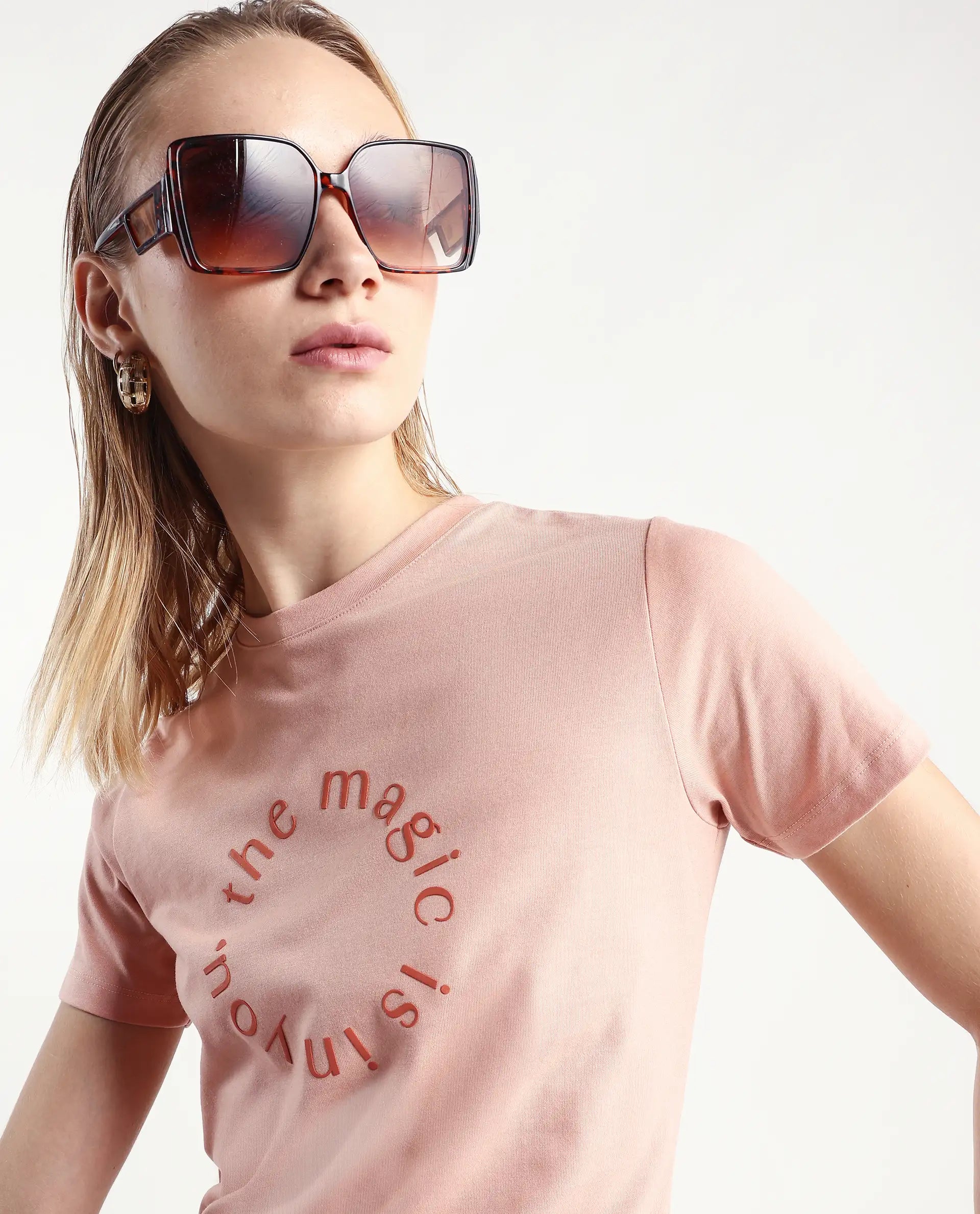 Rareism Women's Karlie Light Peach Cotton Blend Crew Neck Graphic Print Regular Fit T-Shirt