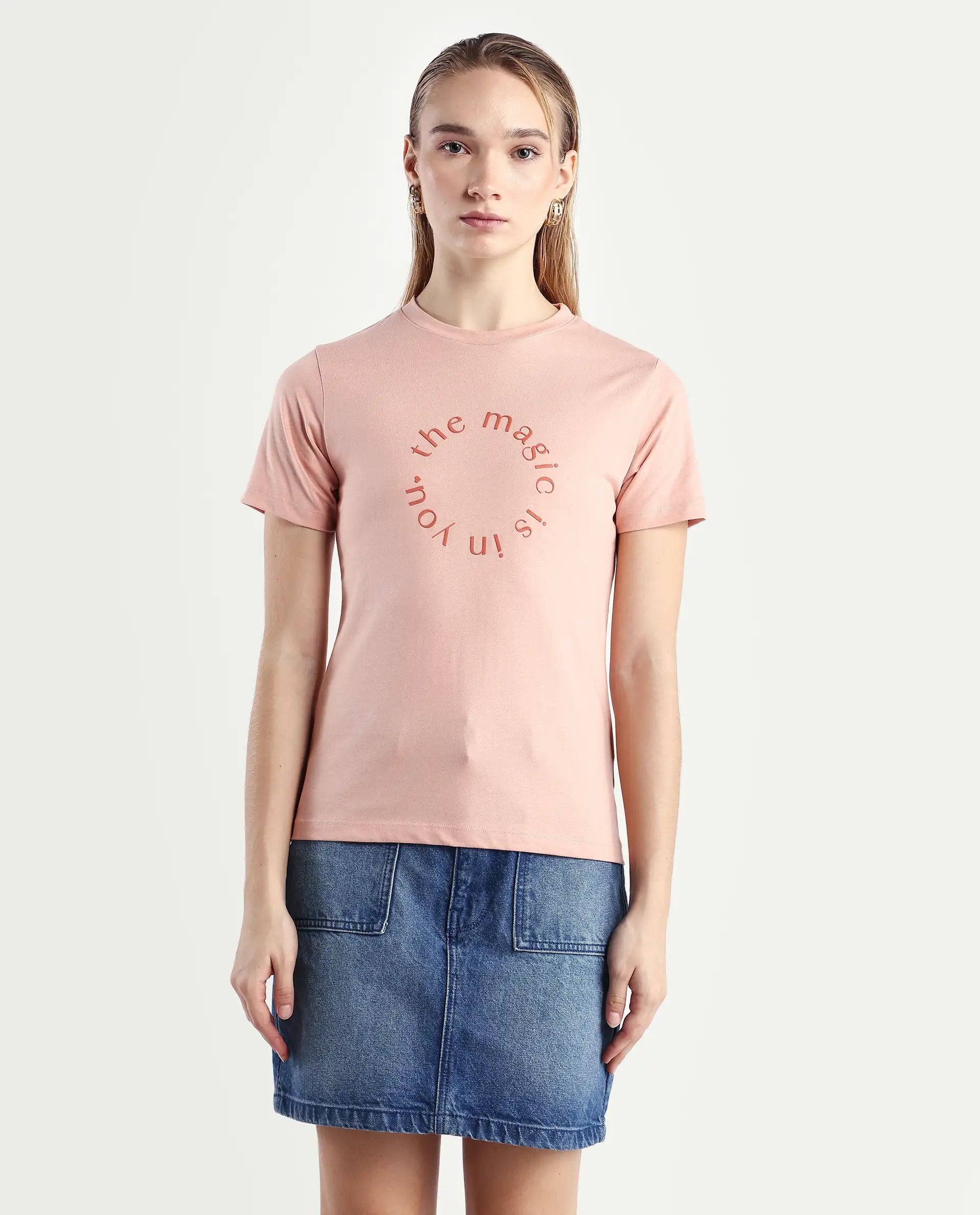 Rareism Women's Karlie Light Peach Cotton Blend Crew Neck Graphic Print Regular Fit T-Shirt