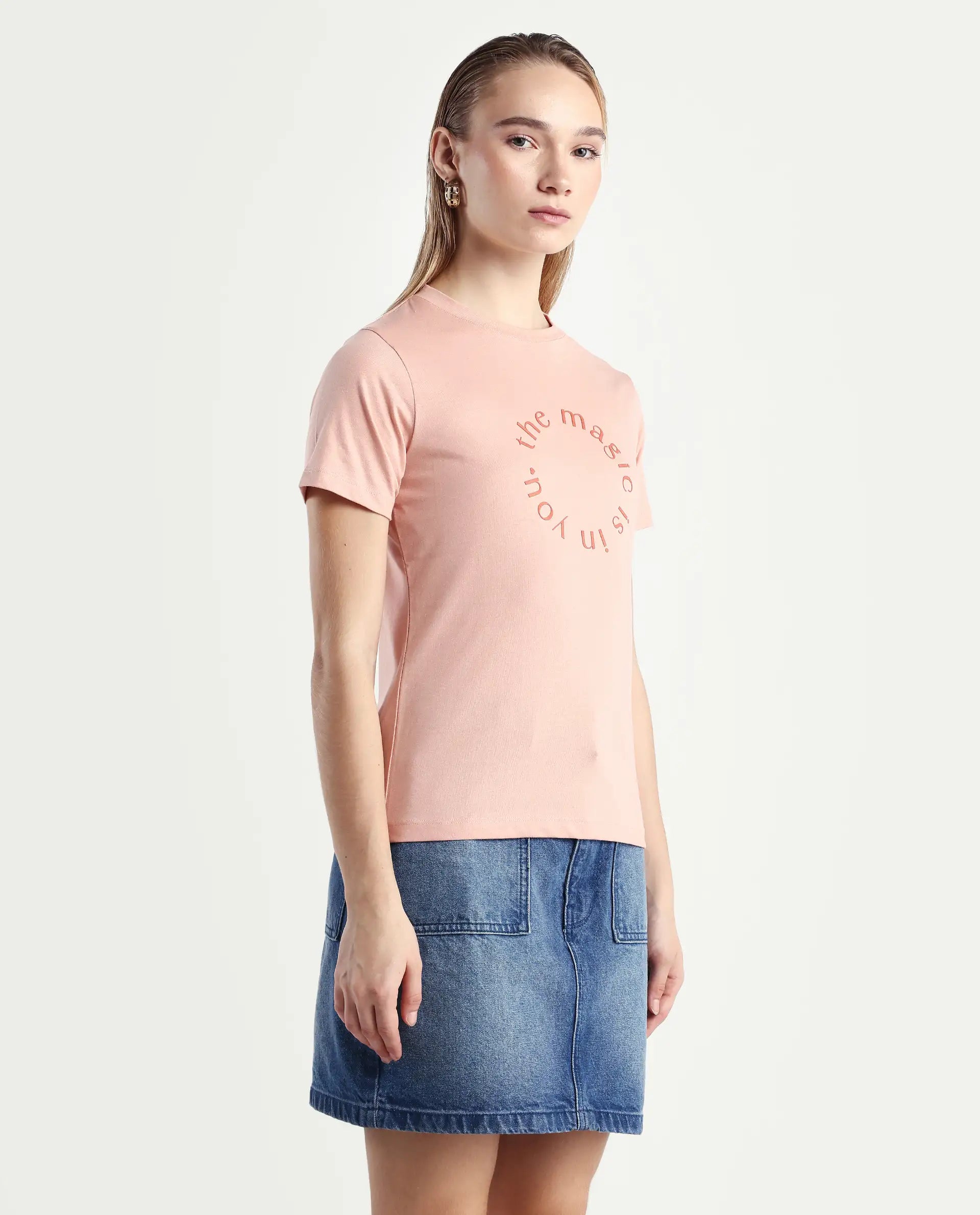 Rareism Women's Karlie Light Peach Cotton Blend Crew Neck Graphic Print Regular Fit T-Shirt