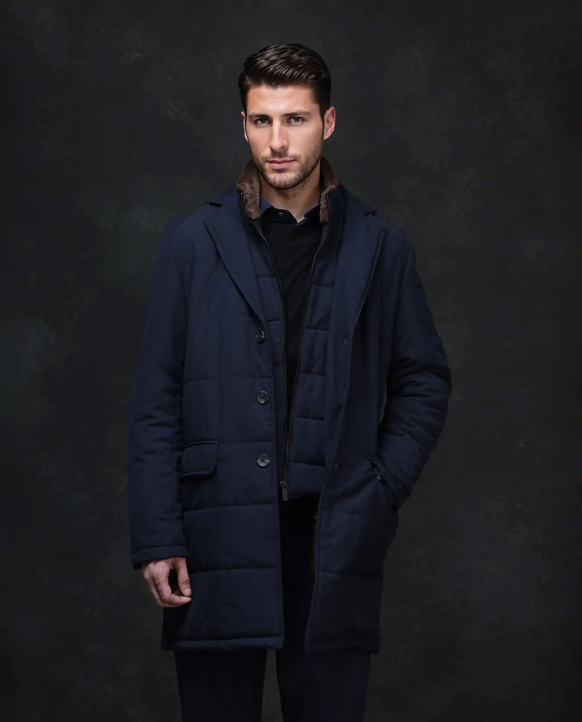 Rare Rabbit Men's Karlo Navy Polyester Plain Regular Fit Full Sleeve High Neck Jacket