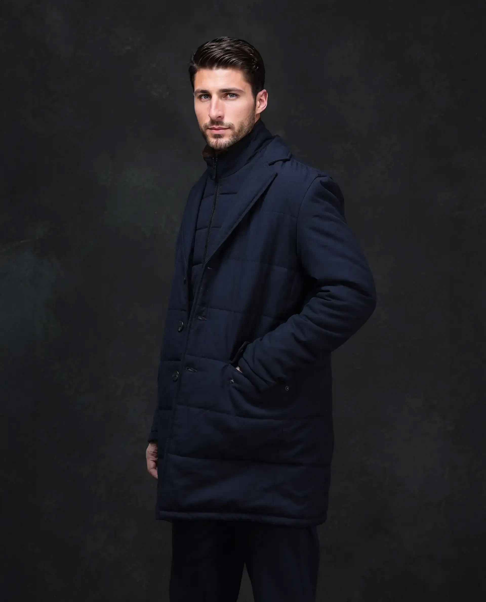 Rare Rabbit Men's Karlo Navy Polyester Plain Regular Fit Full Sleeve High Neck Jacket