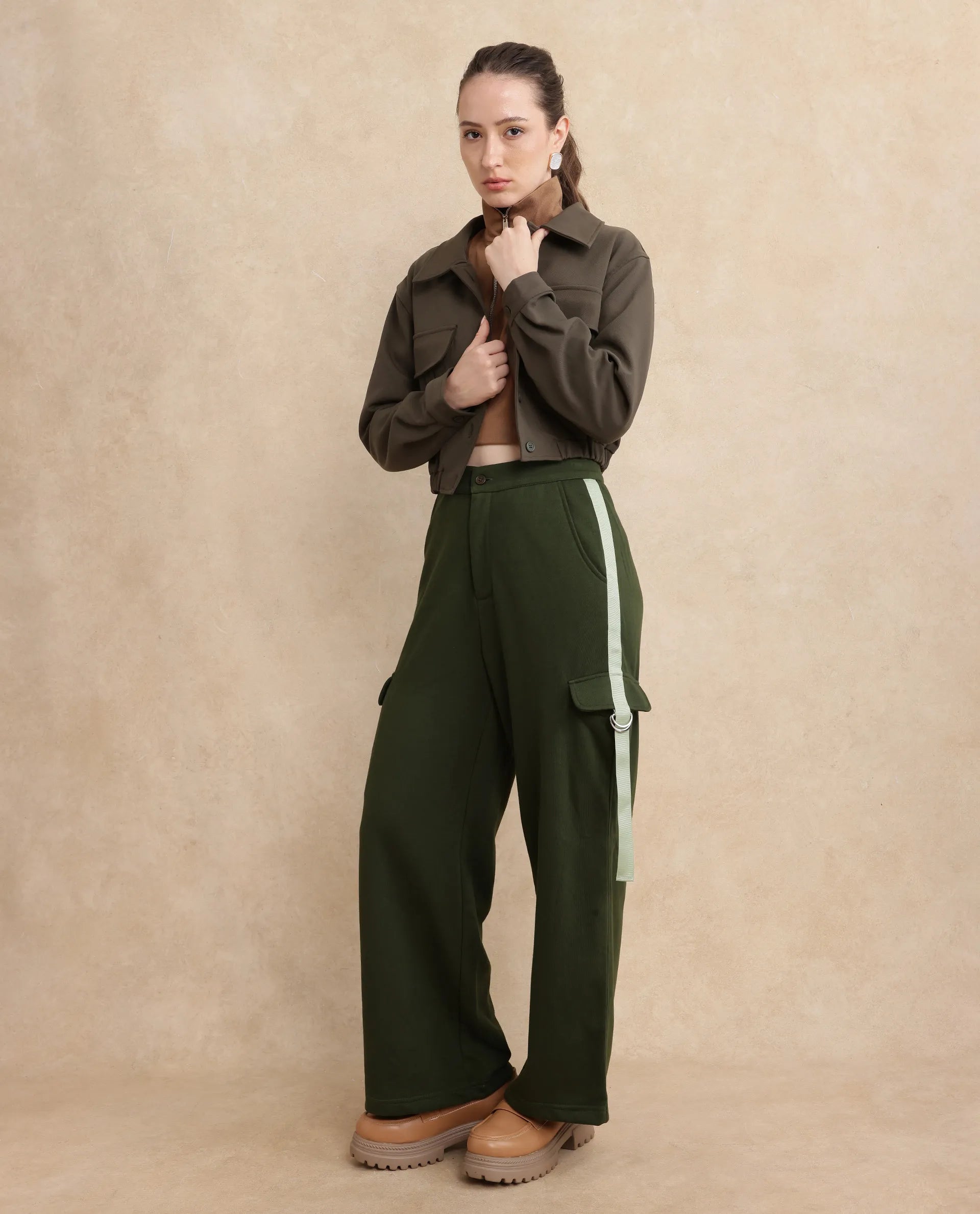 Rareism Women's Kar Olive Cotton Blend Plain Ankle Length Wide Track Pant