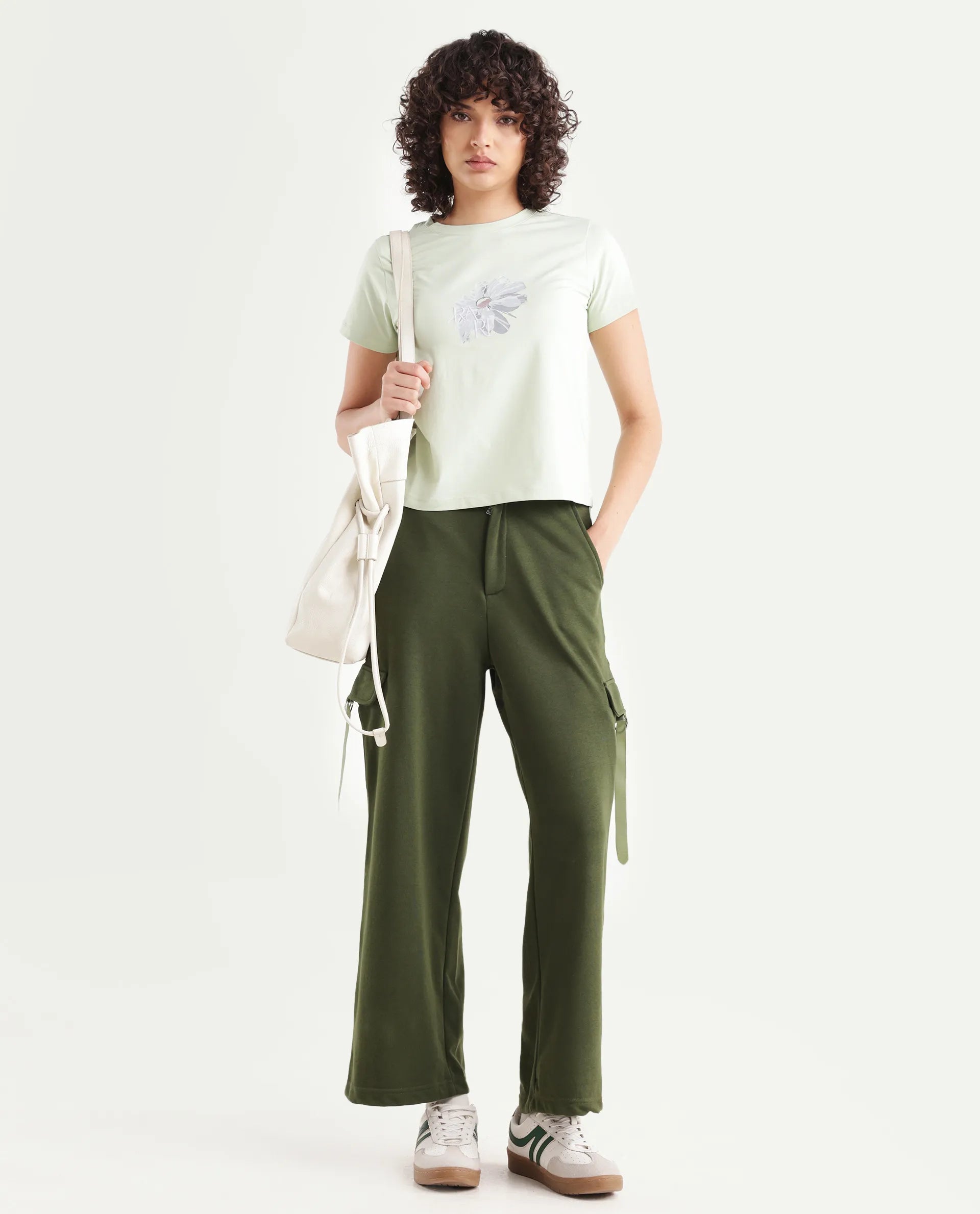 Rareism Women's Kar Olive Cotton Blend Plain Ankle Length Wide Track Pant