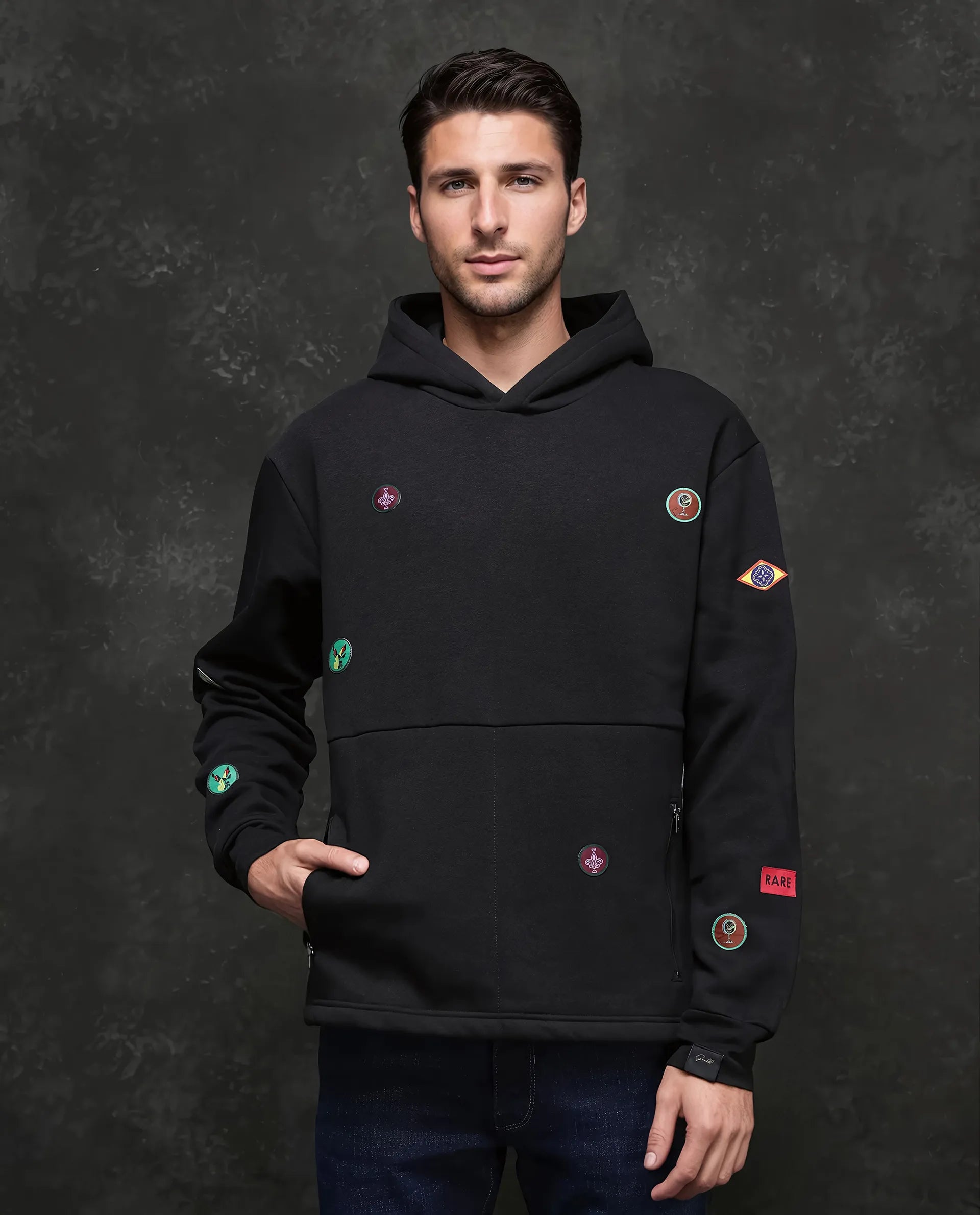 Rare Rabbit Men Karon Black Cotton Poly Fabric Full Sleeve Hooded Label Detail Sweatshirt