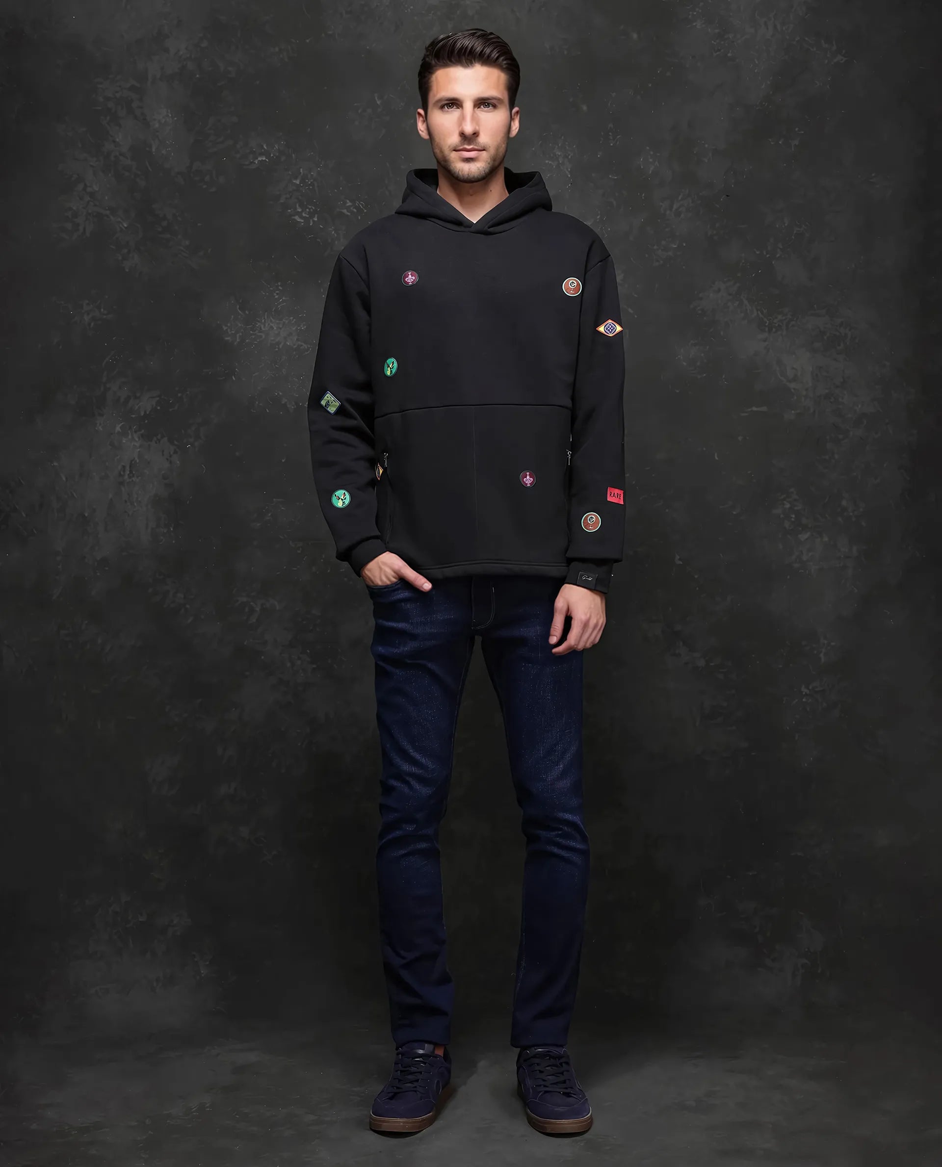 Rare Rabbit Men Karon Black Cotton Poly Fabric Full Sleeve Hooded Label Detail Sweatshirt