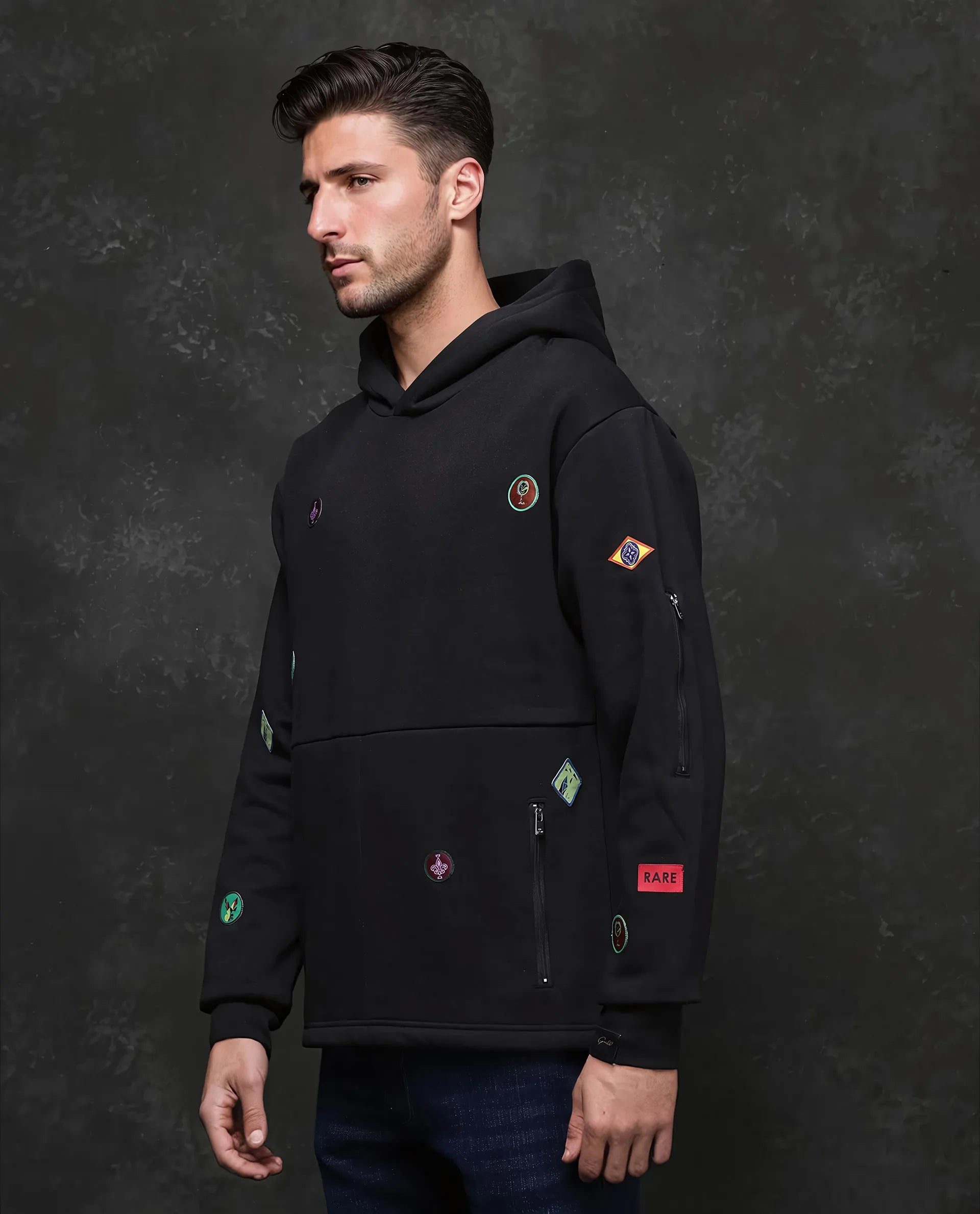 Rare Rabbit Men Karon Black Cotton Poly Fabric Full Sleeve Hooded Label Detail Sweatshirt