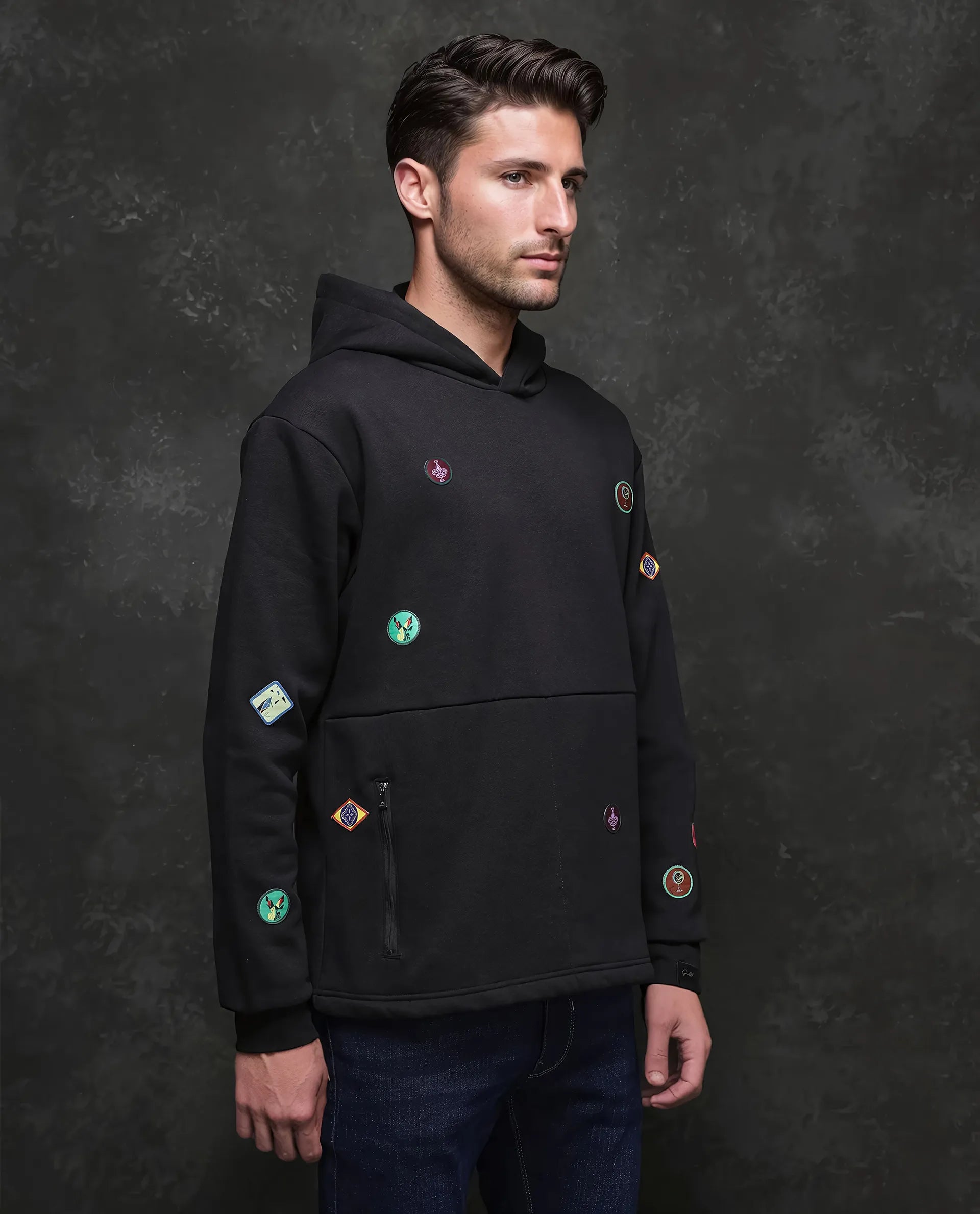 Rare Rabbit Men Karon Black Cotton Poly Fabric Full Sleeve Hooded Label Detail Sweatshirt