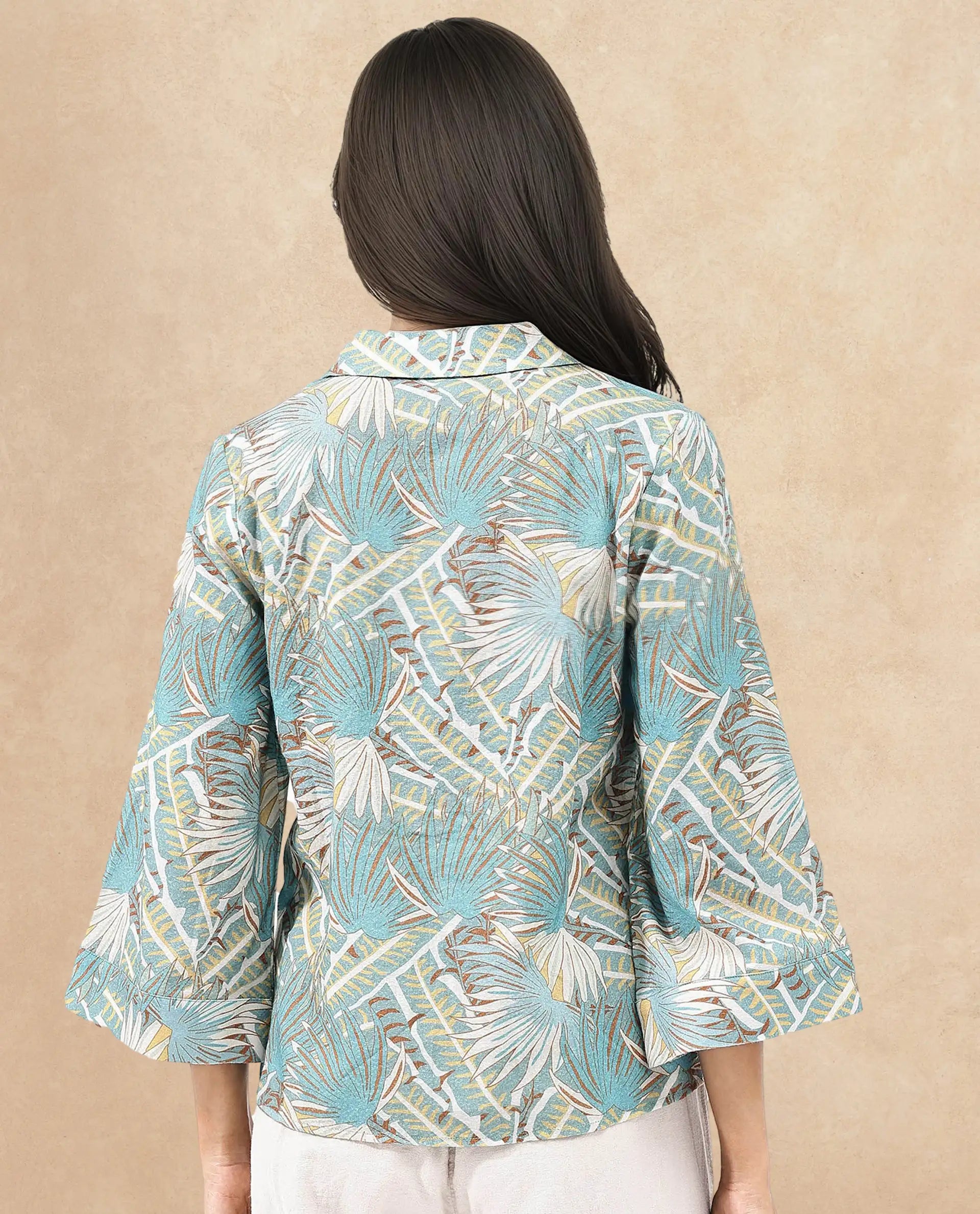 Rareism Women Karrara Dusky Blue Button Closure 3/4Th Sleeve Lapel Neck Abstract Print Top