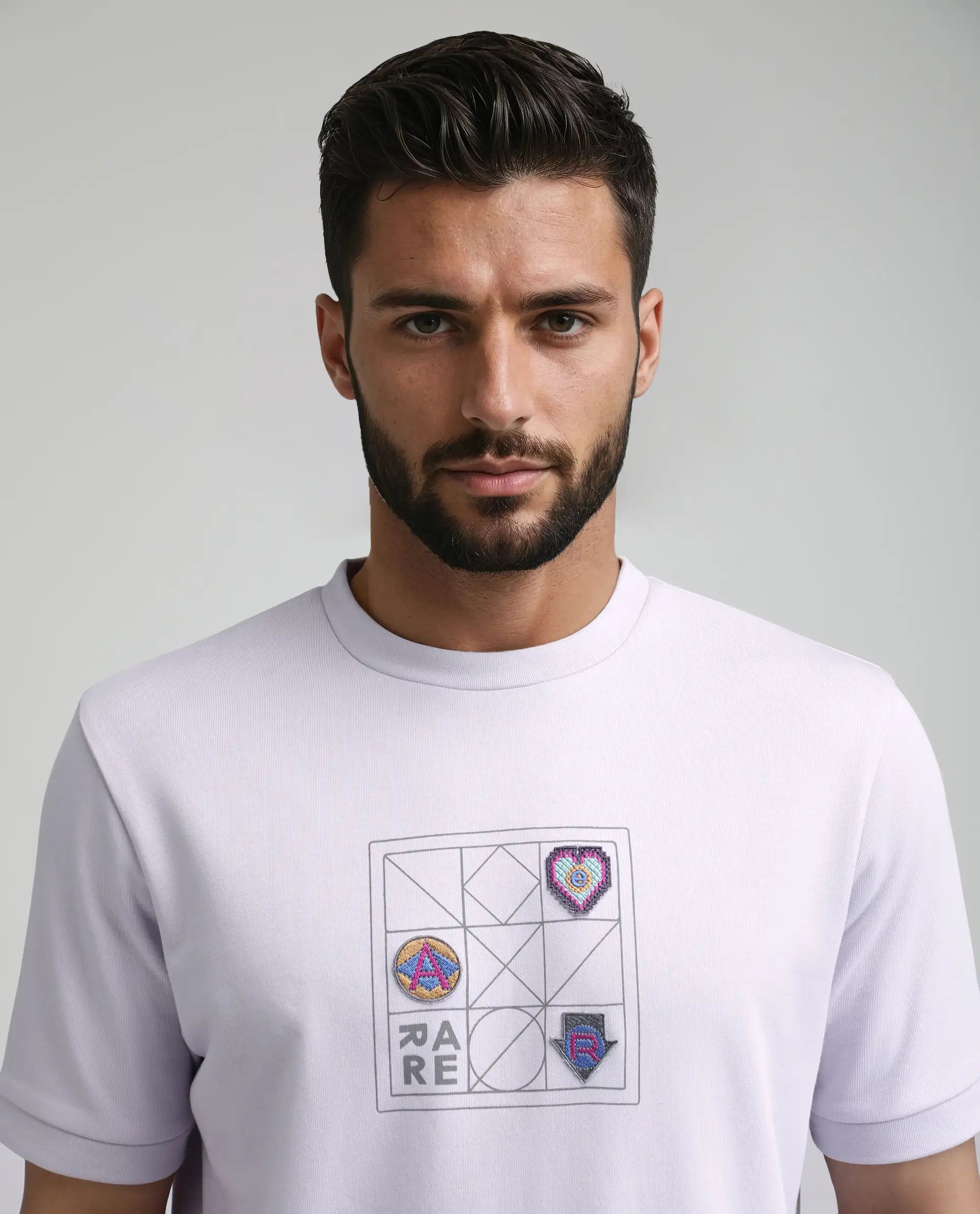 Rare Rabbit Men's Kart Light Purple Cotton Blend Graphic Print Relaxed Fit Half Sleeve Crew Neck T-Shirt