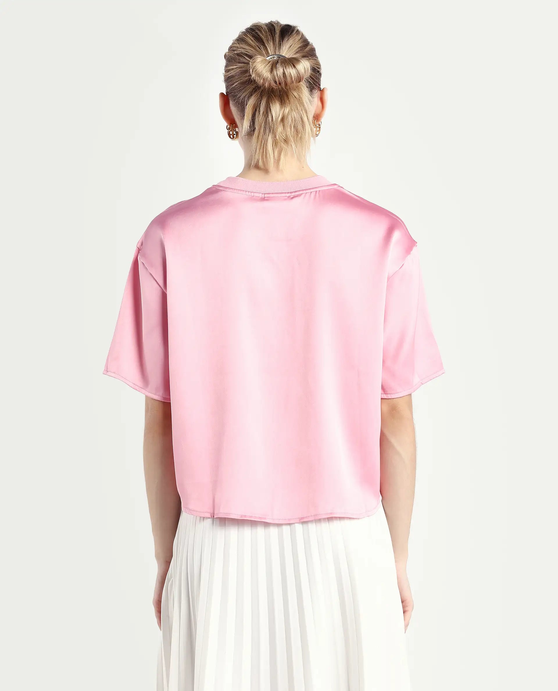 Rareism Women's Karuno Light Pink Satin Blend Ribbed Collar Plain Boxy Fit Top