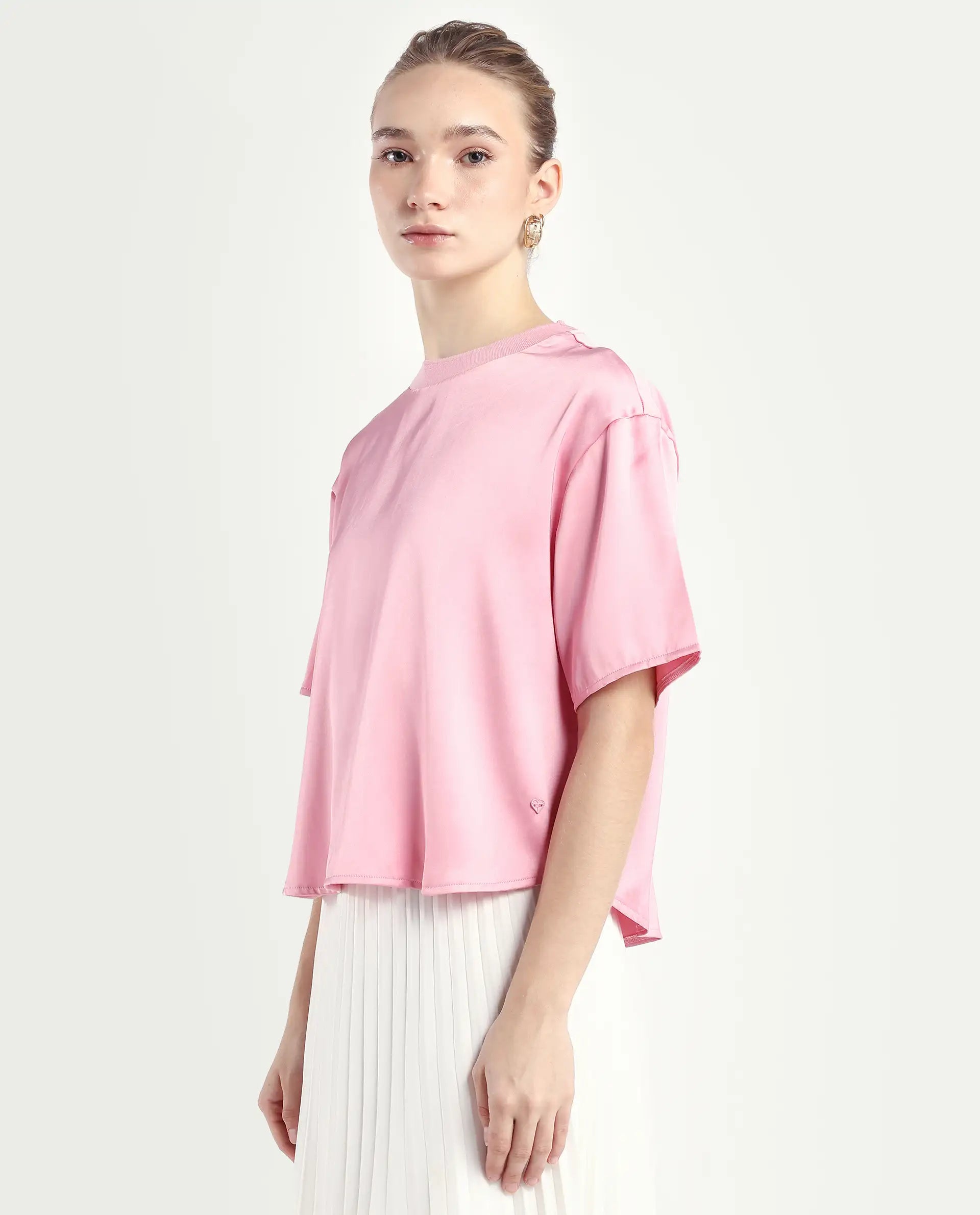 Rareism Women's Karuno Light Pink Satin Blend Ribbed Collar Plain Boxy Fit Top