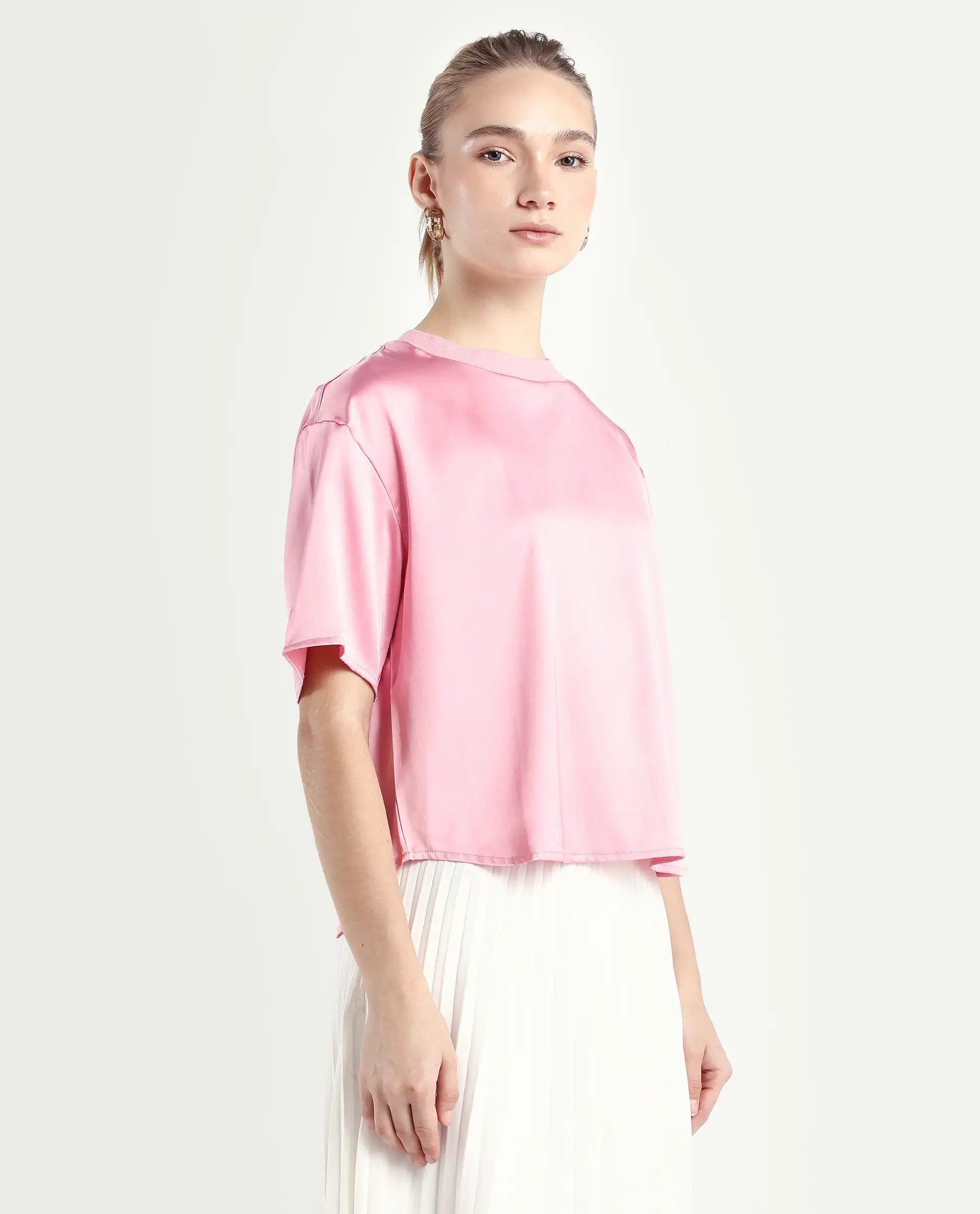Rareism Women's Karuno Light Pink Satin Blend Ribbed Collar Plain Boxy Fit Top