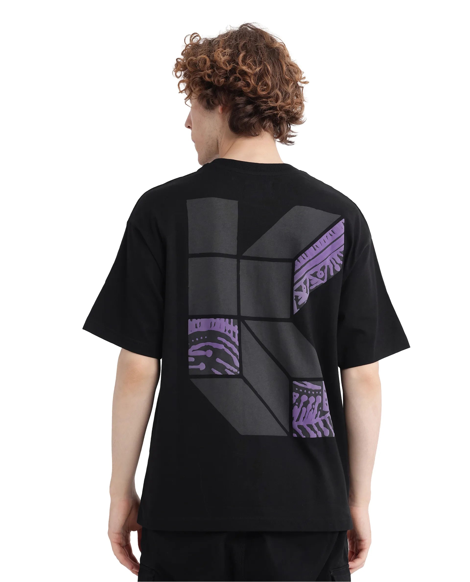 Rare Rabbit Men Karwo Black Cotton Fabric Short Sleeve Crew Neck Oversized Fit Graphic Print T-Shirt