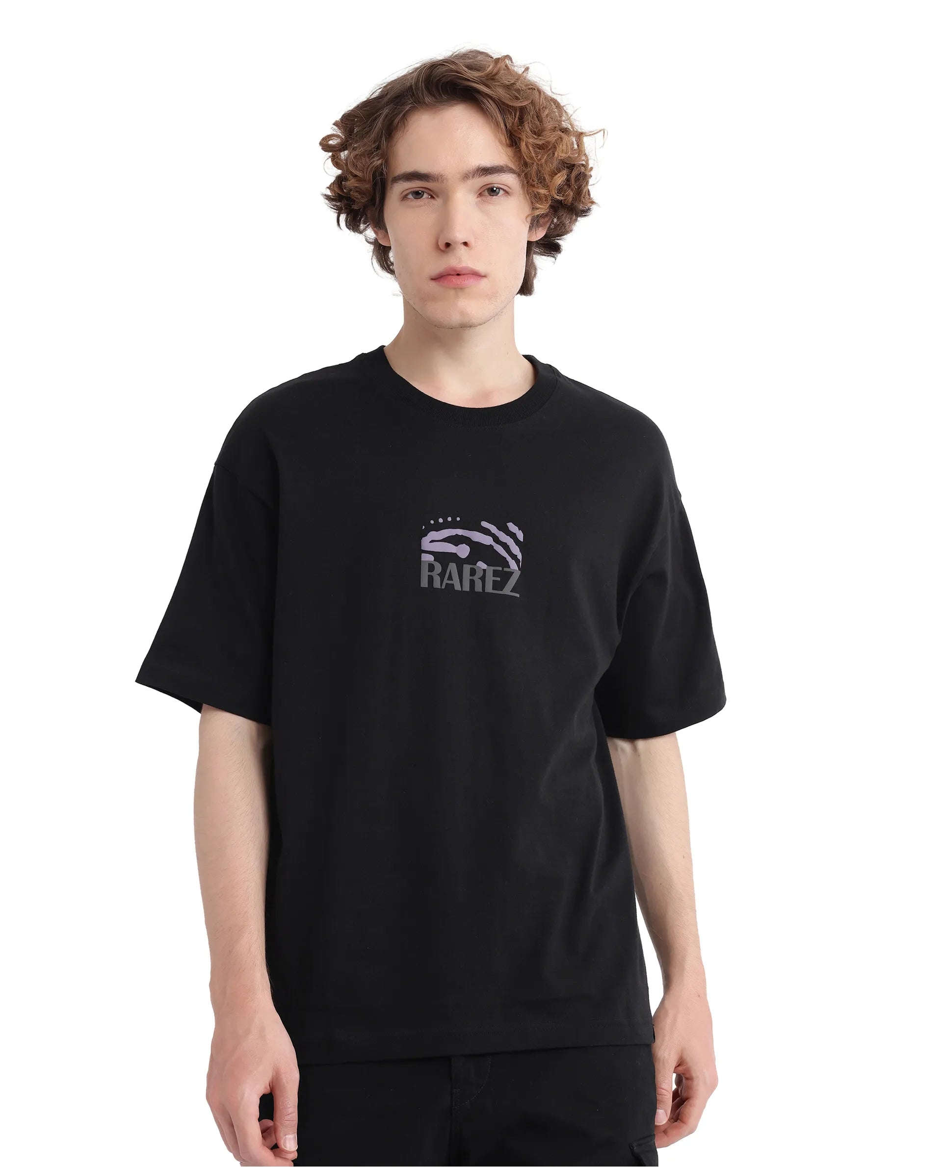 Rare Rabbit Men Karwo Black Cotton Fabric Short Sleeve Crew Neck Oversized Fit Graphic Print T-Shirt