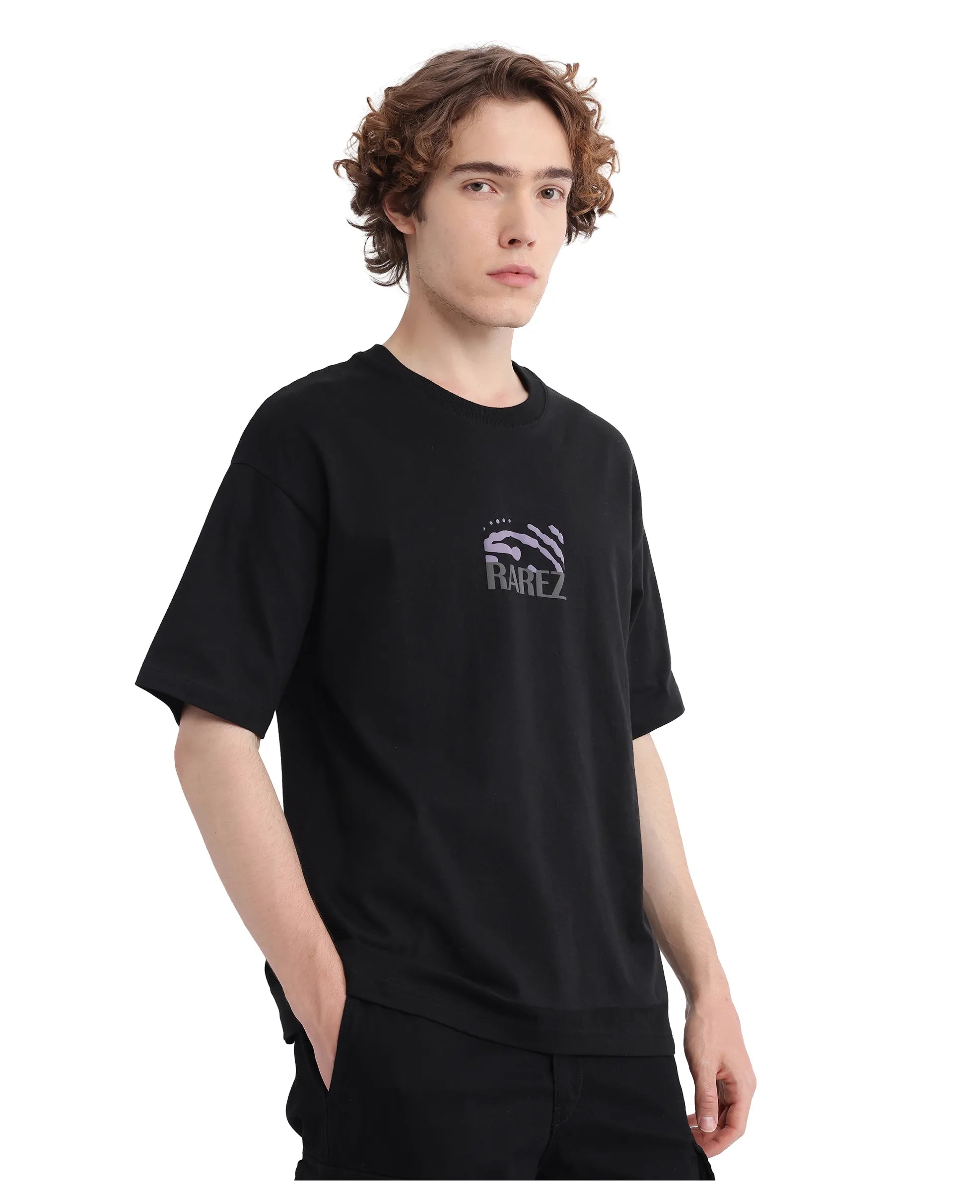 Rare Rabbit Men Karwo Black Cotton Fabric Short Sleeve Crew Neck Oversized Fit Graphic Print T-Shirt