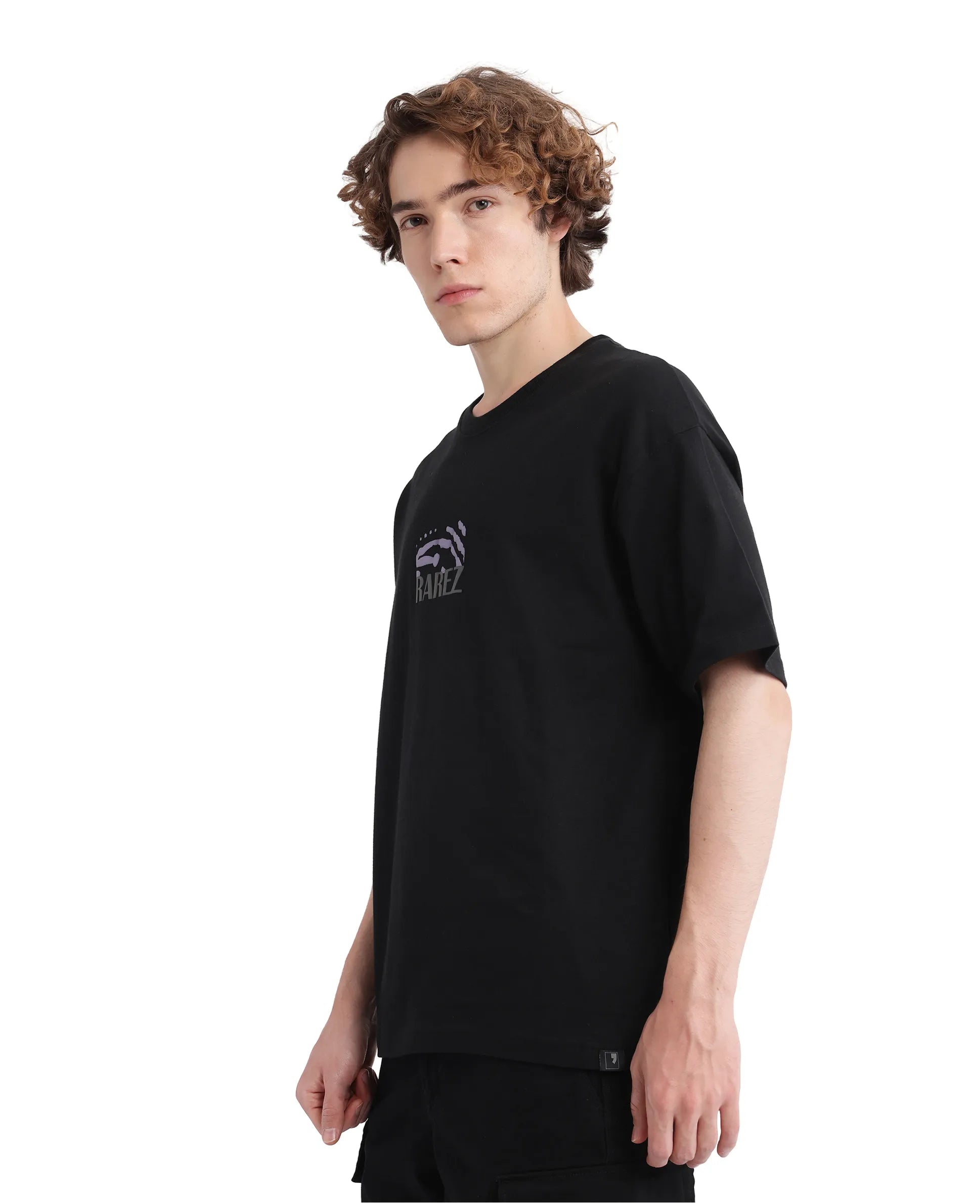 Rare Rabbit Men Karwo Black Cotton Fabric Short Sleeve Crew Neck Oversized Fit Graphic Print T-Shirt