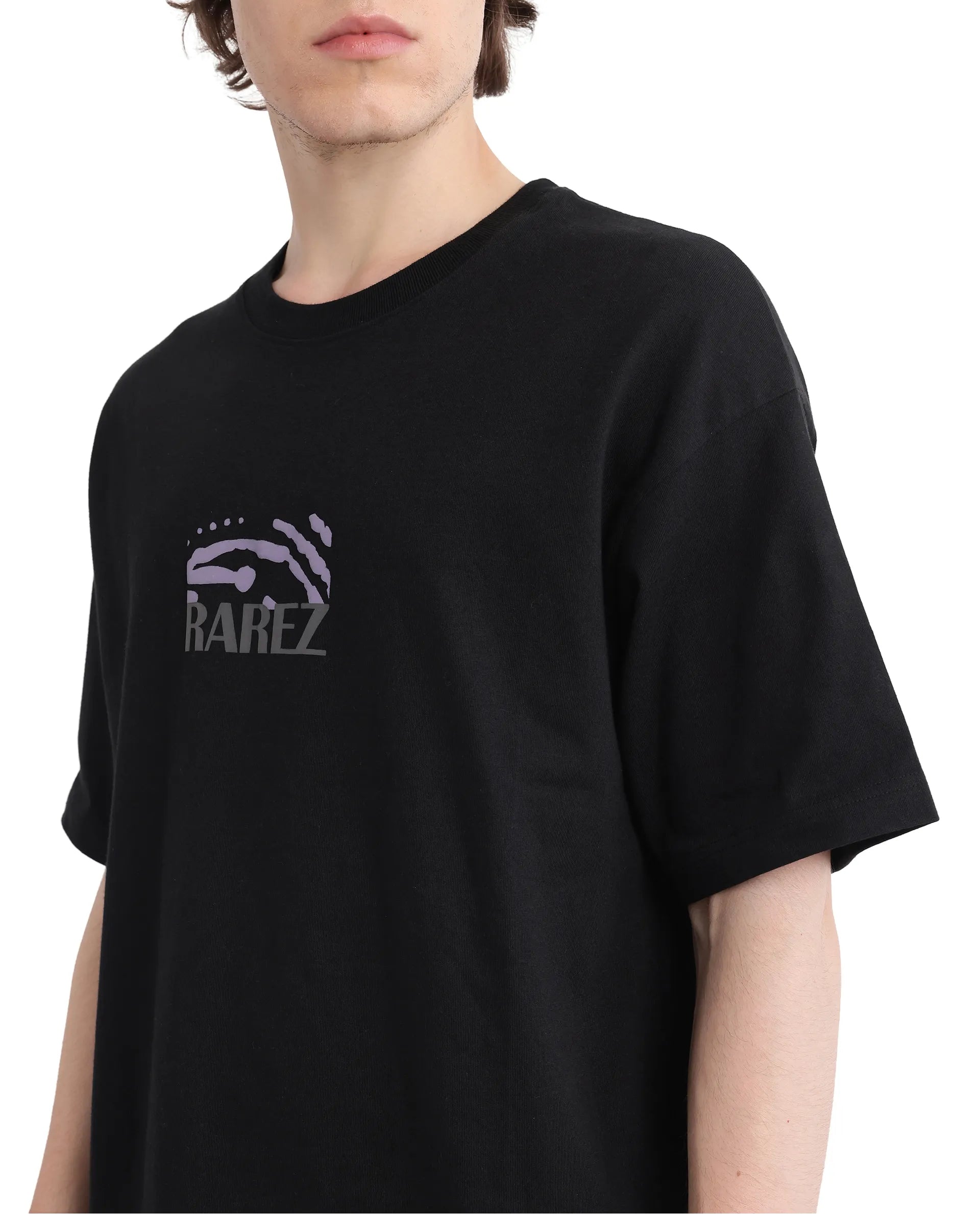 Rare Rabbit Men Karwo Black Cotton Fabric Short Sleeve Crew Neck Oversized Fit Graphic Print T-Shirt