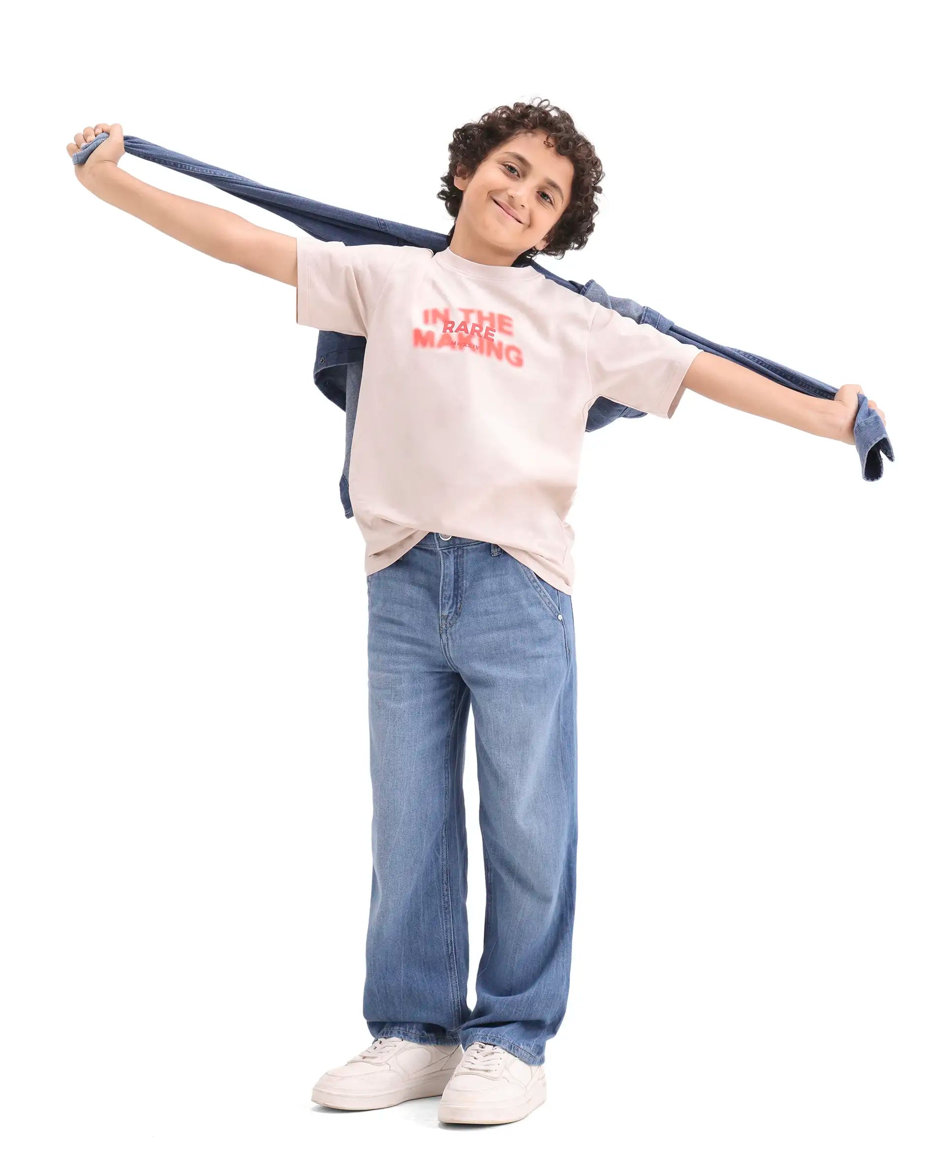 Rare Ones Kids Kasen-1 Blue Cotton Blend Shank Button Closure Slouchy Fit Jeans