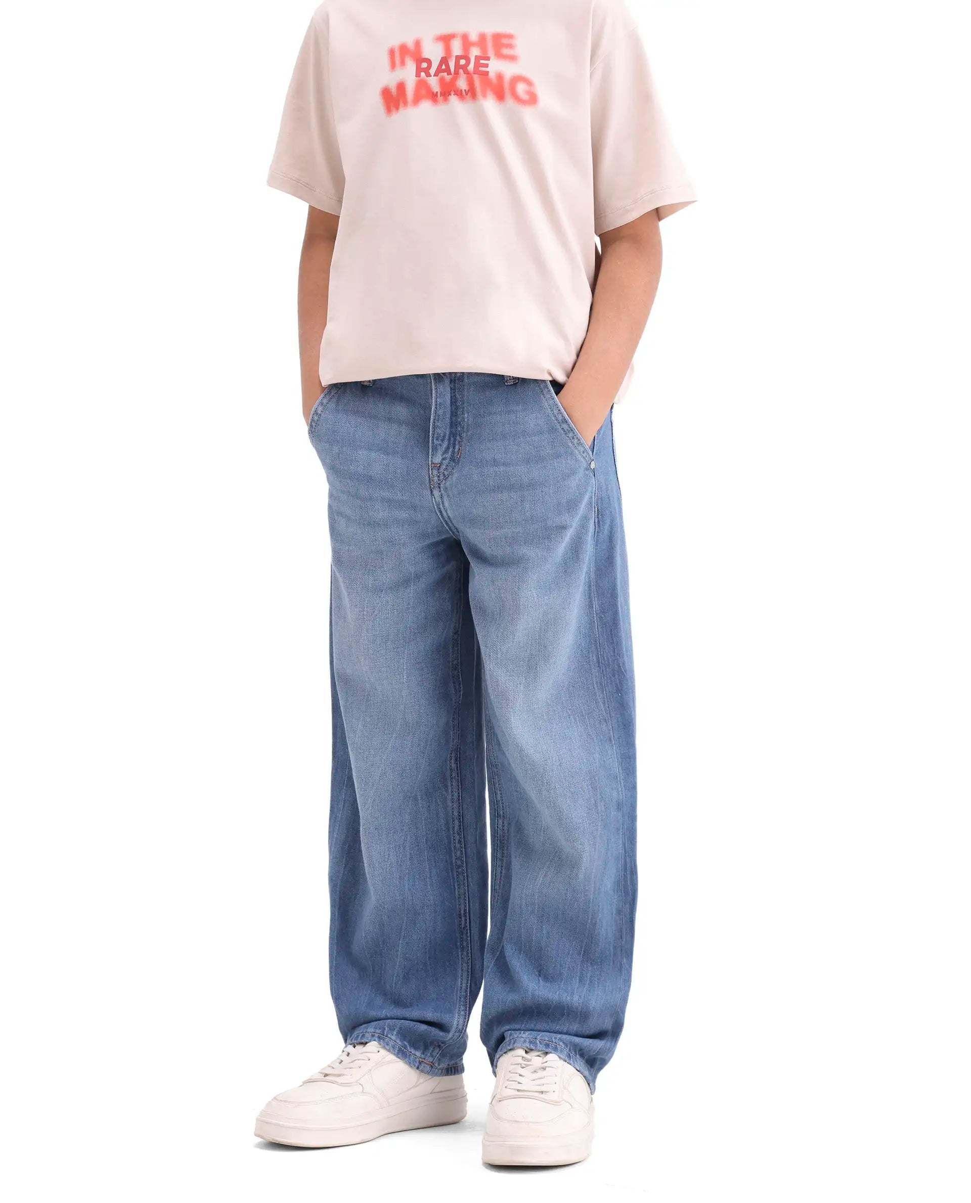 Rare Ones Kids Kasen-1 Blue Cotton Blend Shank Button Closure Slouchy Fit Jeans