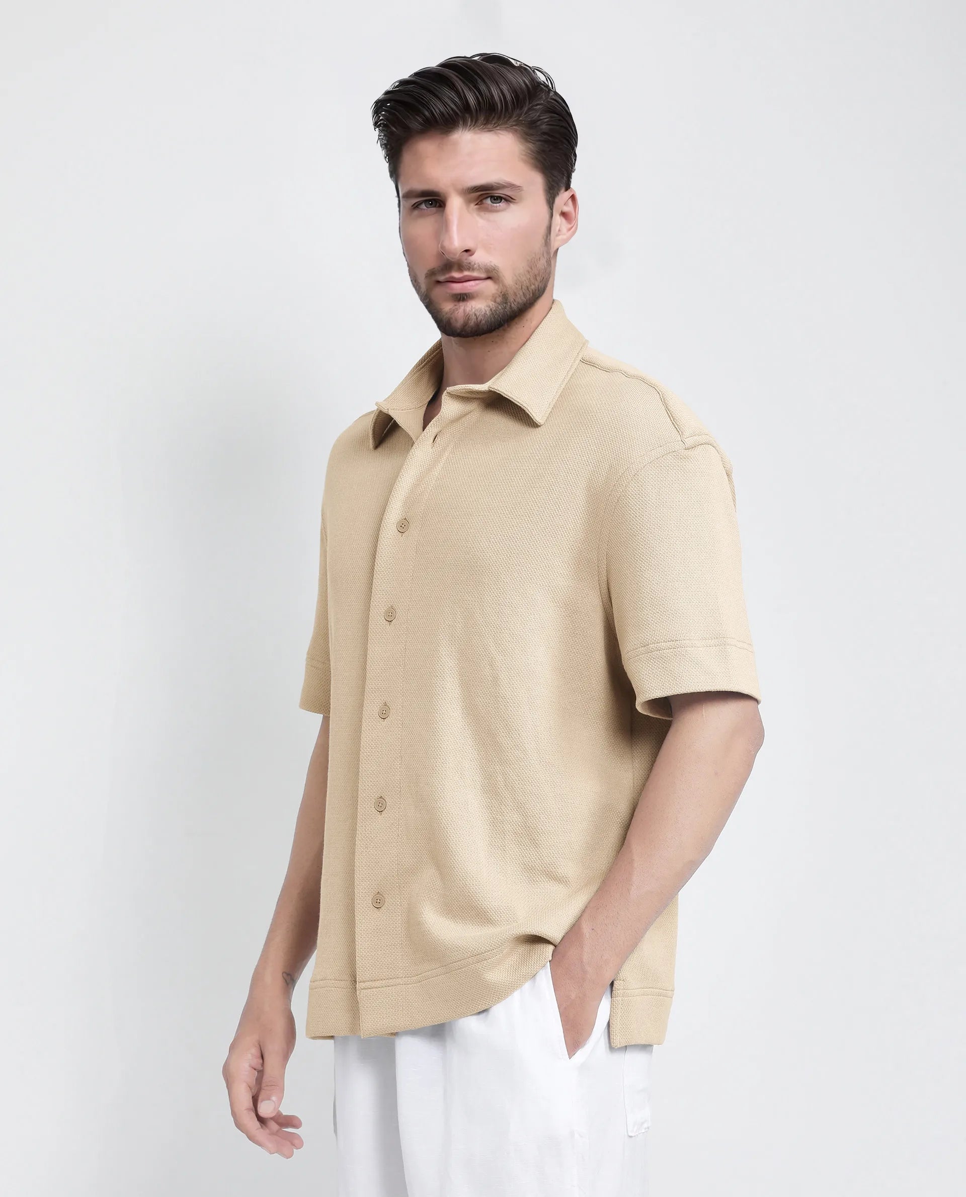 Rare Rabbit Men Kash Beige Viscose Fabric Half Sleeve Collared Neck Button Closure Oversized Fit Plain Shirt