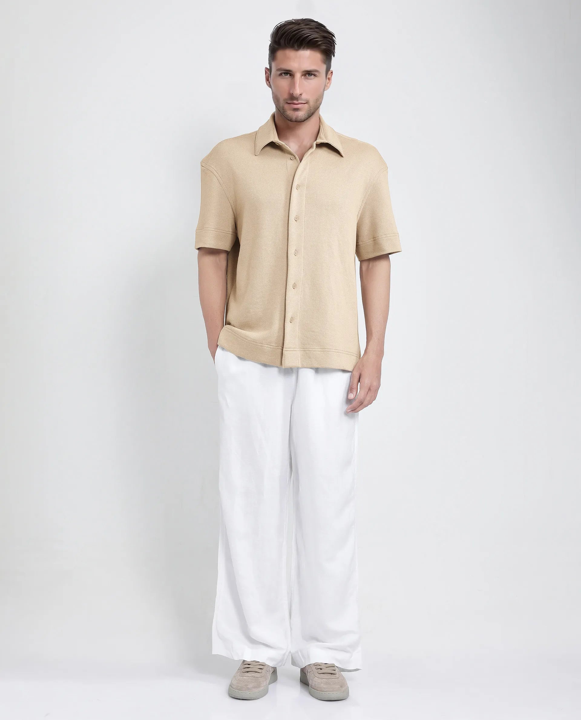 Rare Rabbit Men Kash Beige Viscose Fabric Half Sleeve Collared Neck Button Closure Oversized Fit Plain Shirt