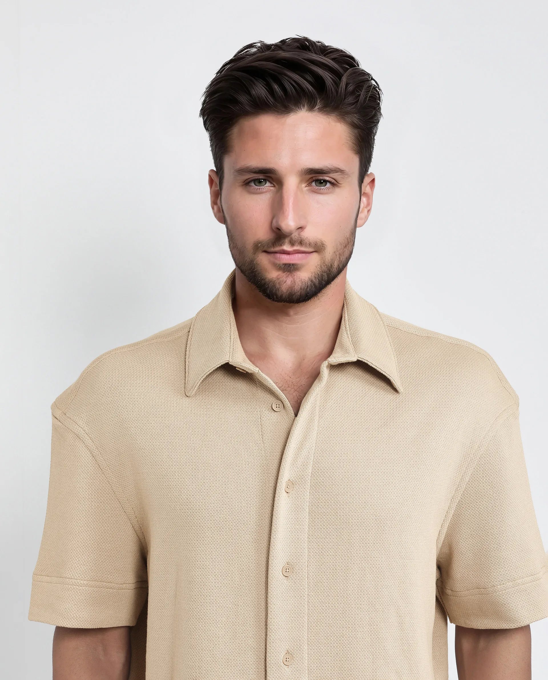 Rare Rabbit Men Kash Beige Viscose Fabric Half Sleeve Collared Neck Button Closure Oversized Fit Plain Shirt