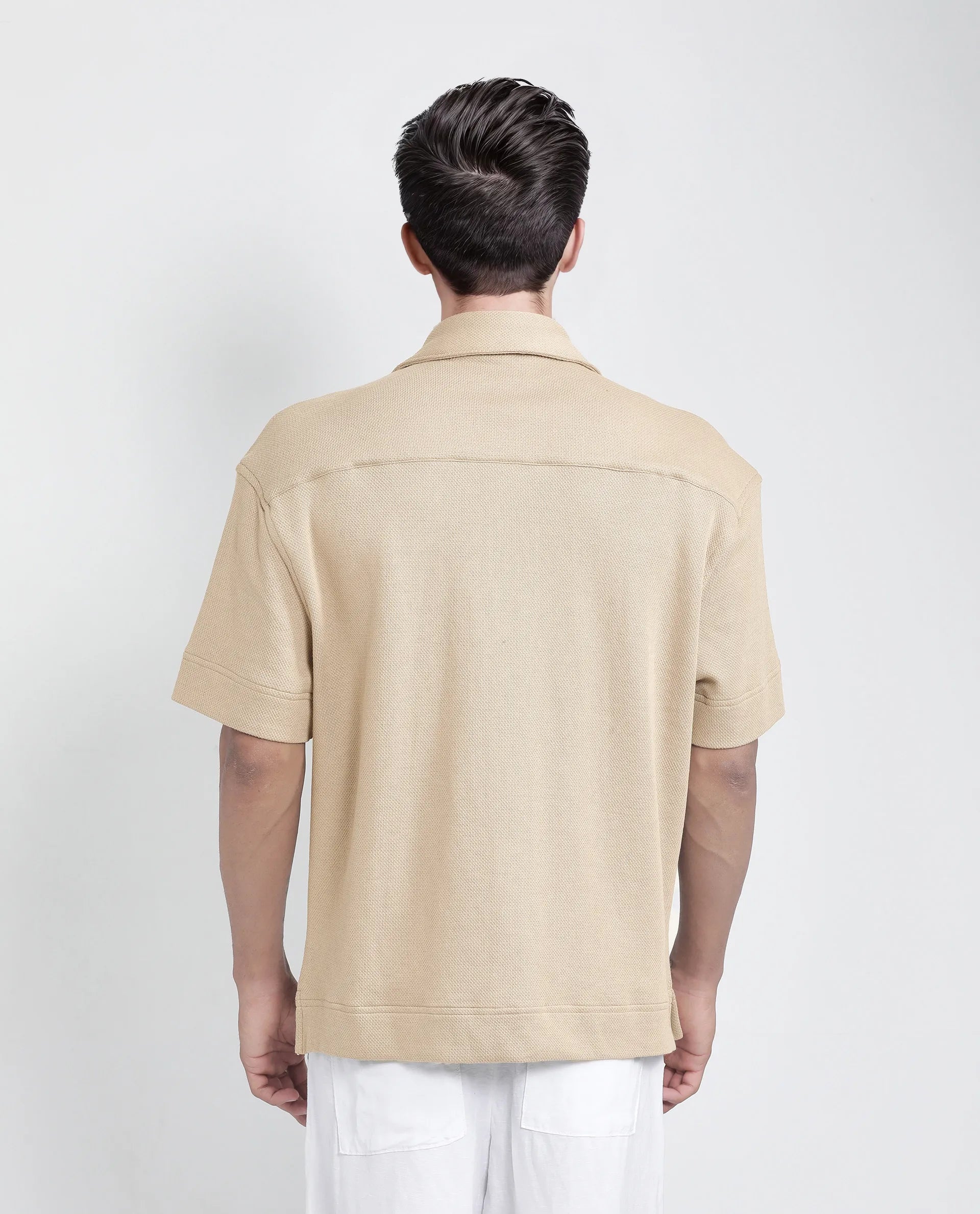 Rare Rabbit Men Kash Beige Viscose Fabric Half Sleeve Collared Neck Button Closure Oversized Fit Plain Shirt