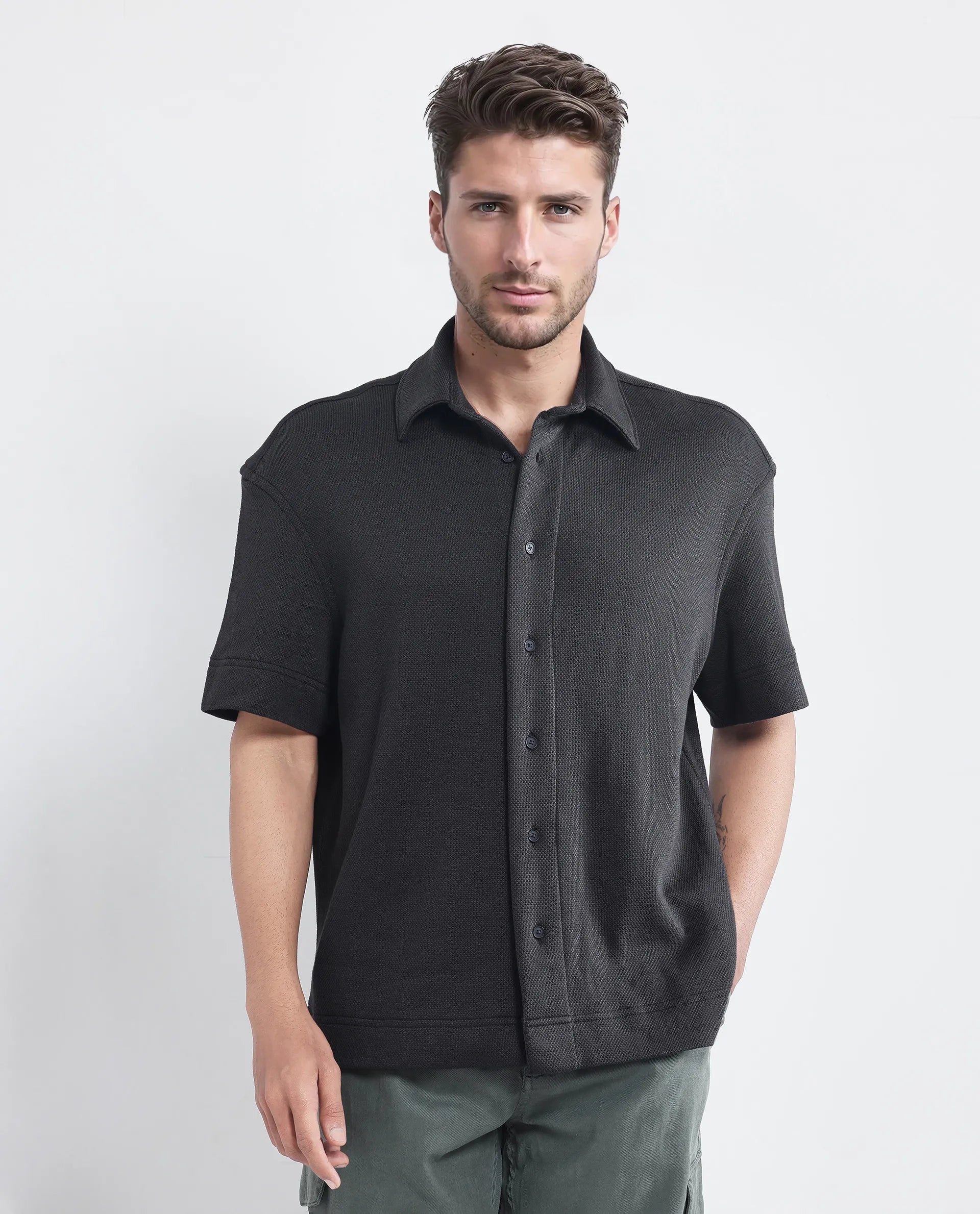 Rare Rabbit Men Kash Black Viscose Fabric Half Sleeve Collared Neck Button Closure Oversized Fit Plain Shirt