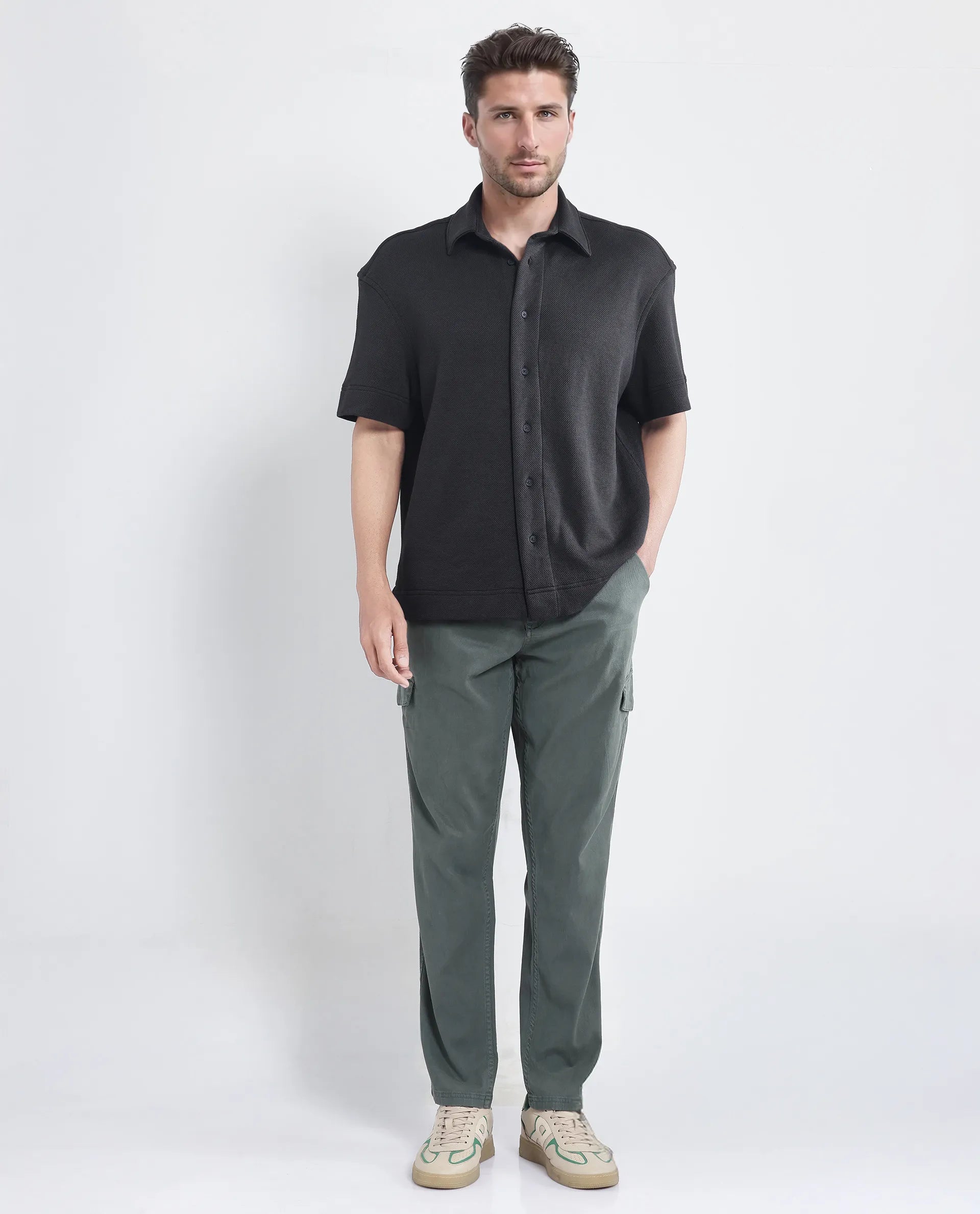 Rare Rabbit Men Kash Black Viscose Fabric Half Sleeve Collared Neck Button Closure Oversized Fit Plain Shirt