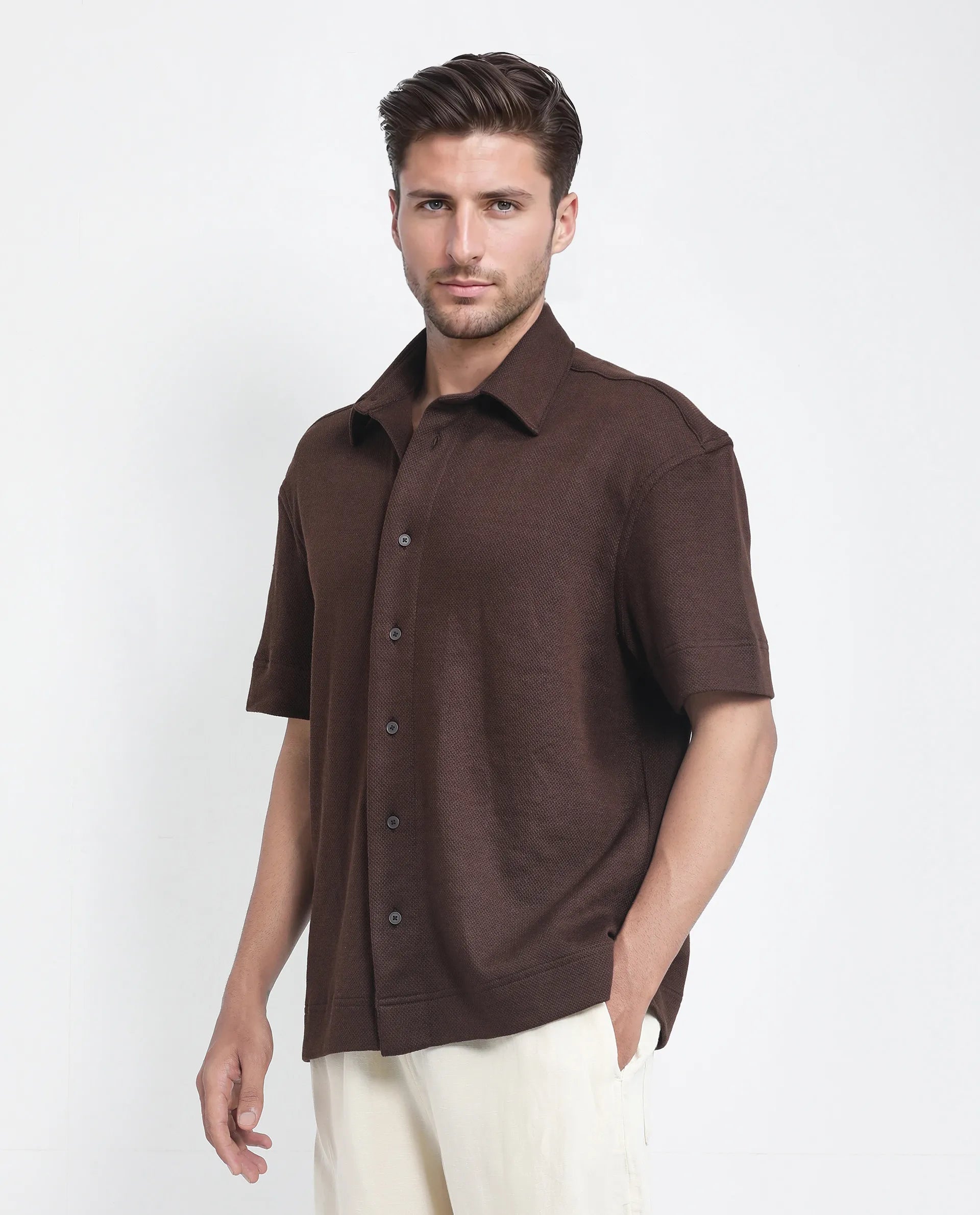 Rare Rabbit Men Kash Brown Viscose Fabric Half Sleeve Collared Neck Button Closure Oversized Fit Plain Shirt