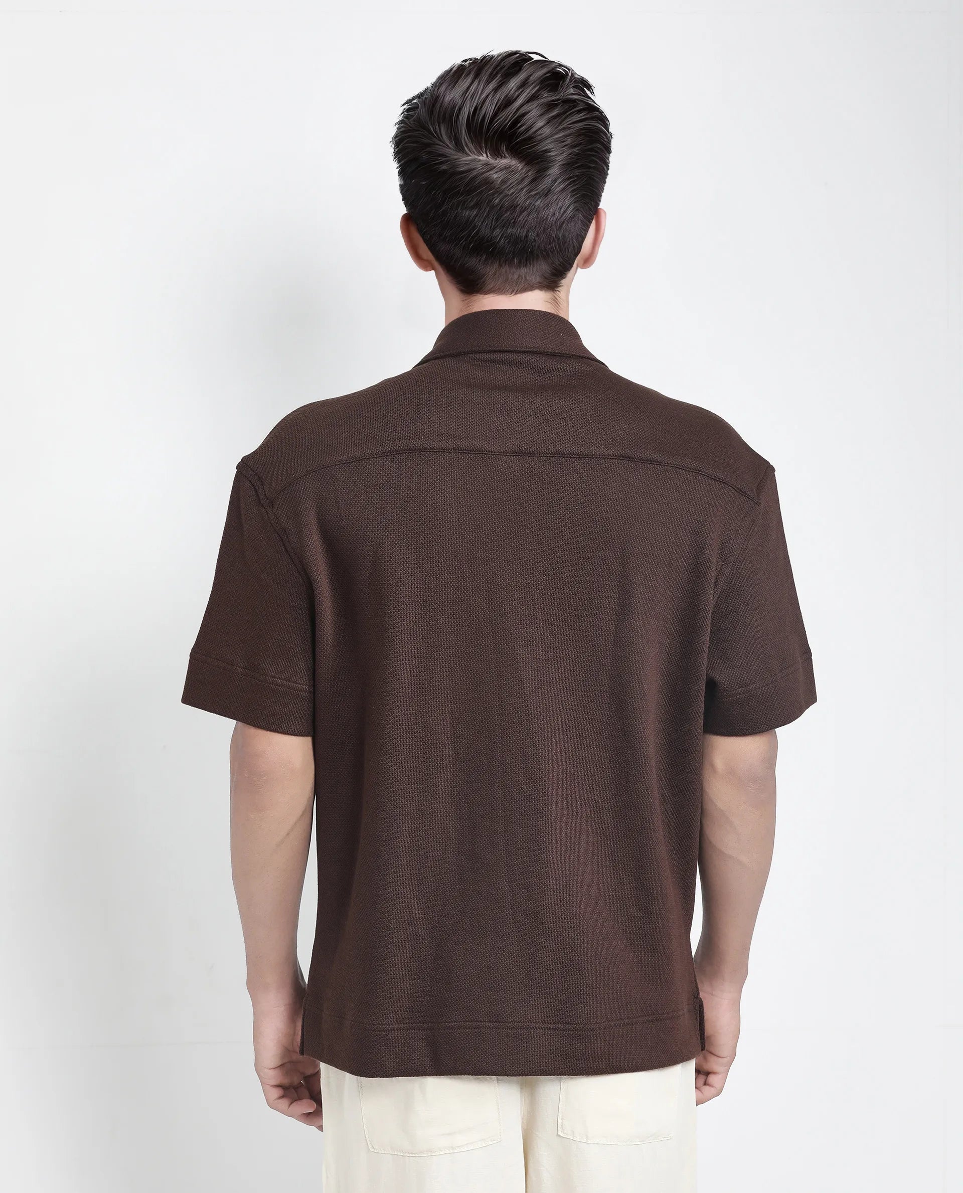 Rare Rabbit Men Kash Brown Viscose Fabric Half Sleeve Collared Neck Button Closure Oversized Fit Plain Shirt