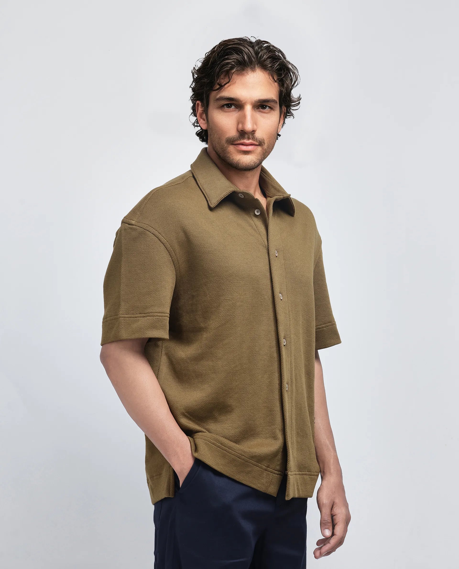 Rare Rabbit Men Kash Olive Viscose Fabric Half Sleeve Collared Neck Button Closure Oversized Fit Plain Shirt