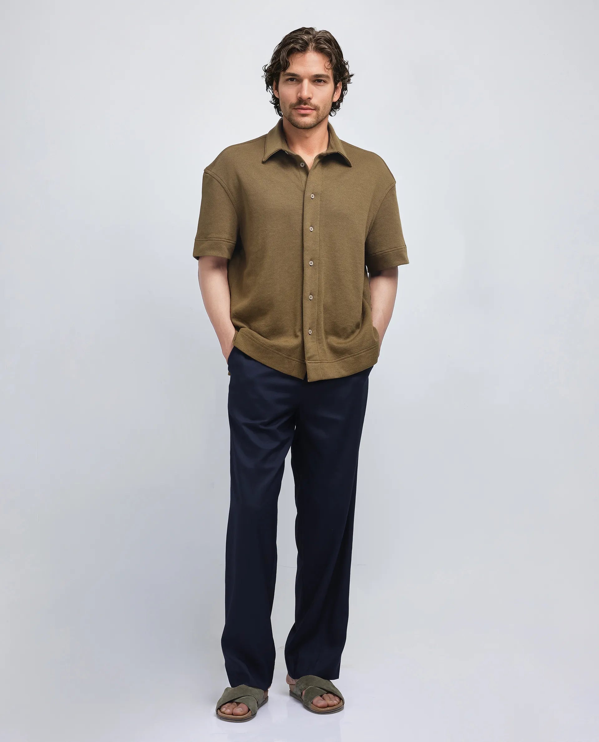 Rare Rabbit Men Kash Olive Viscose Fabric Half Sleeve Collared Neck Button Closure Oversized Fit Plain Shirt