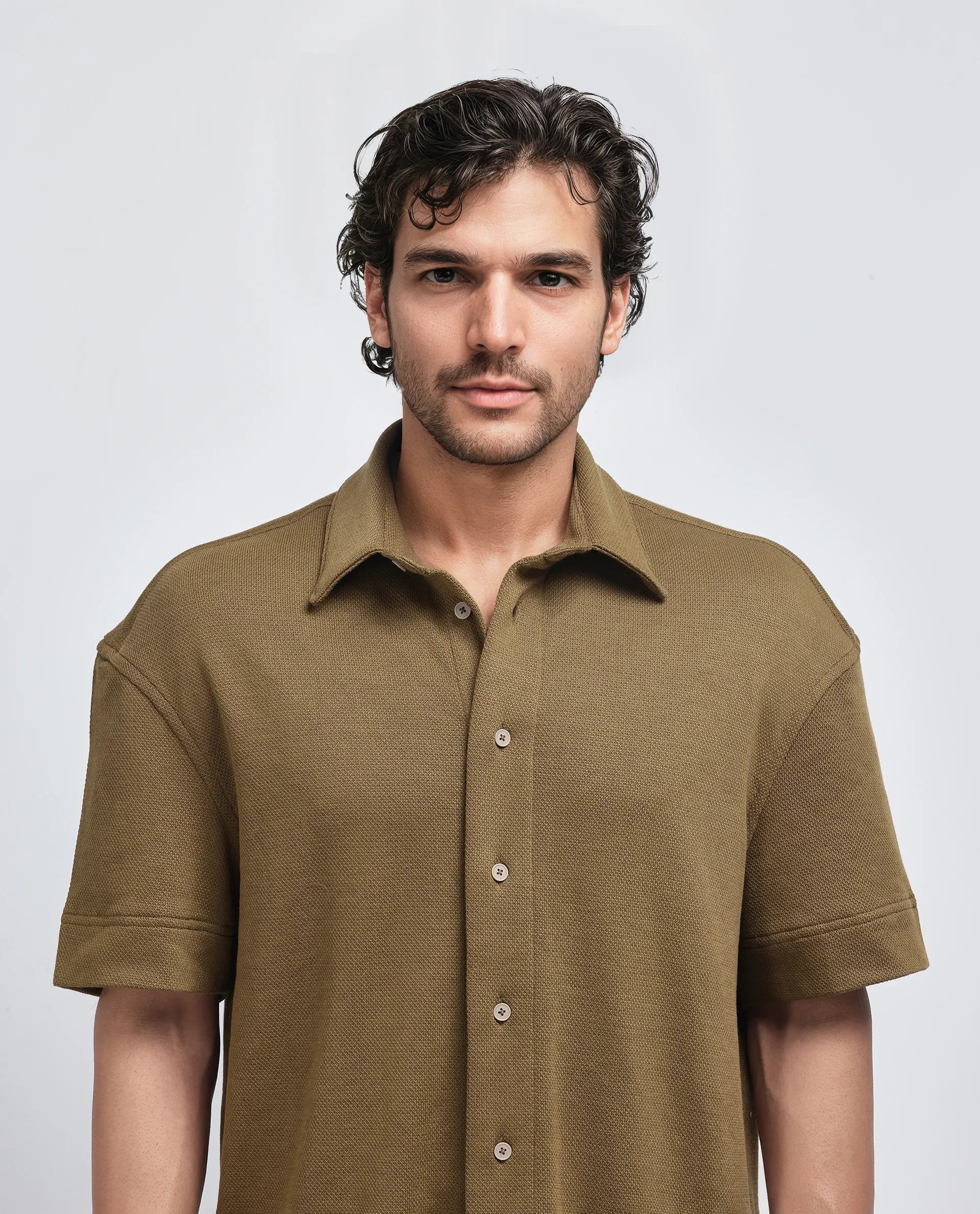 Rare Rabbit Men Kash Olive Viscose Fabric Half Sleeve Collared Neck Button Closure Oversized Fit Plain Shirt