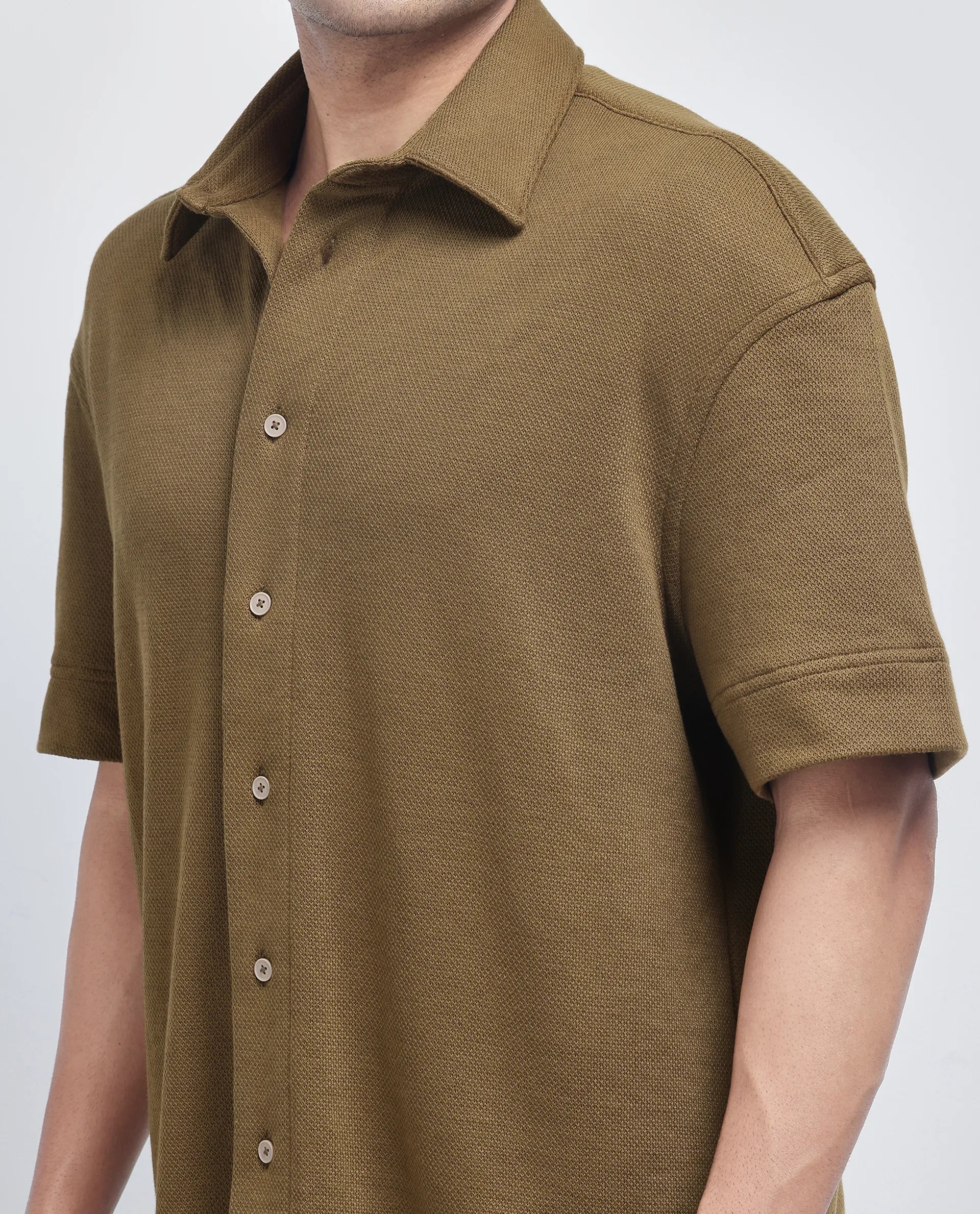 Rare Rabbit Men Kash Olive Viscose Fabric Half Sleeve Collared Neck Button Closure Oversized Fit Plain Shirt
