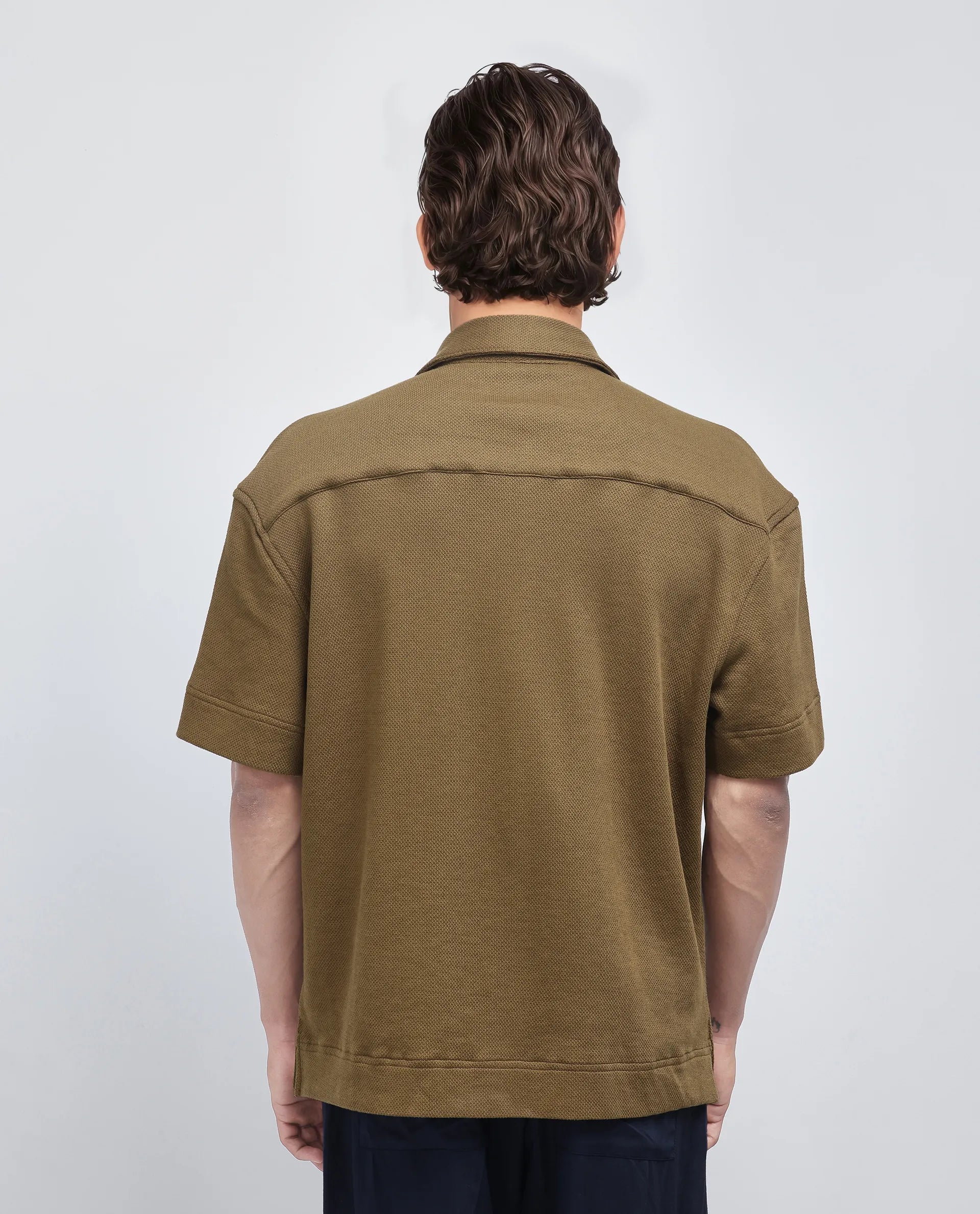 Rare Rabbit Men Kash Olive Viscose Fabric Half Sleeve Collared Neck Button Closure Oversized Fit Plain Shirt