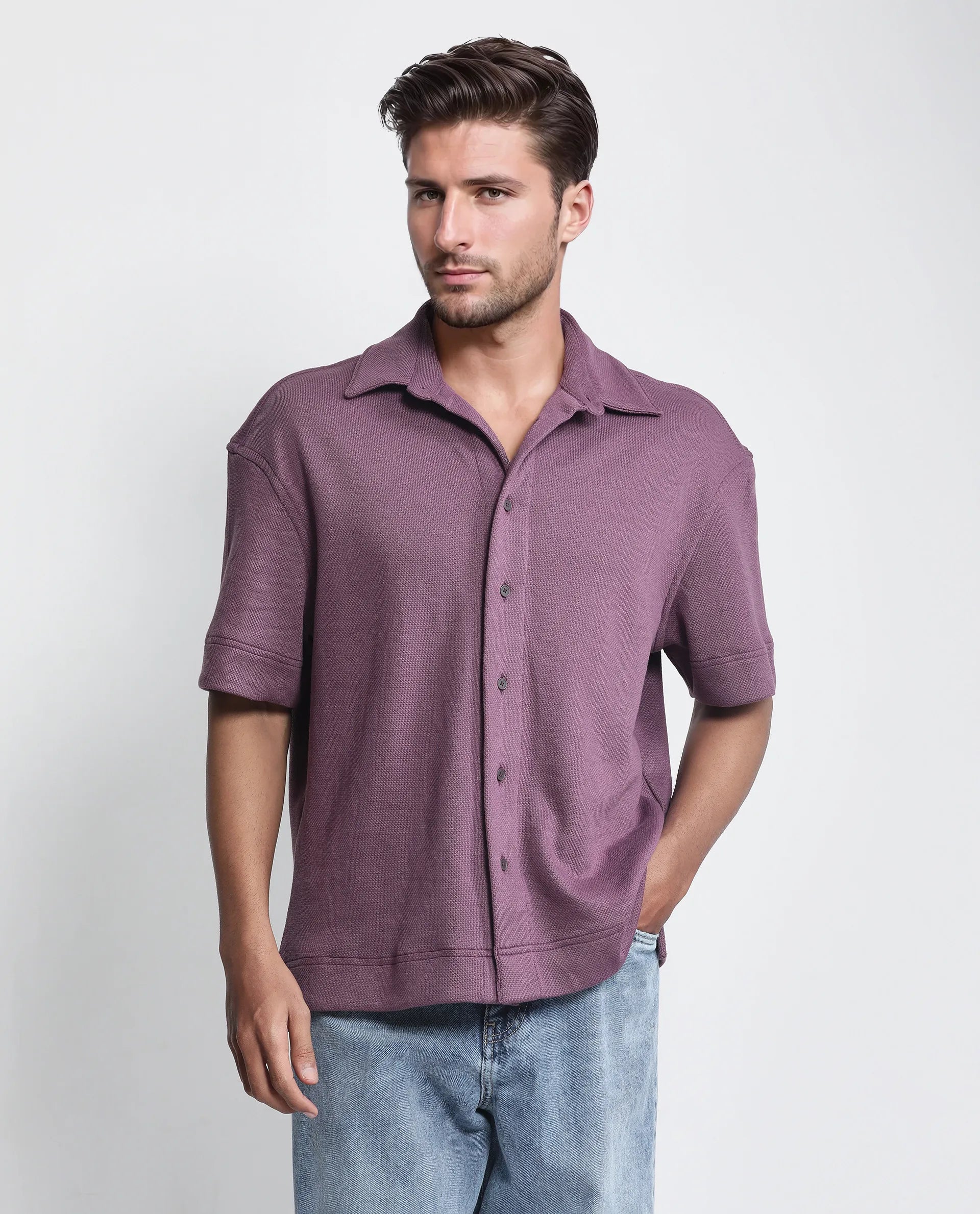 Rare Rabbit Men Kash Purple Viscose Fabric Half Sleeve Collared Neck Button Closure Oversized Fit Plain Shirt