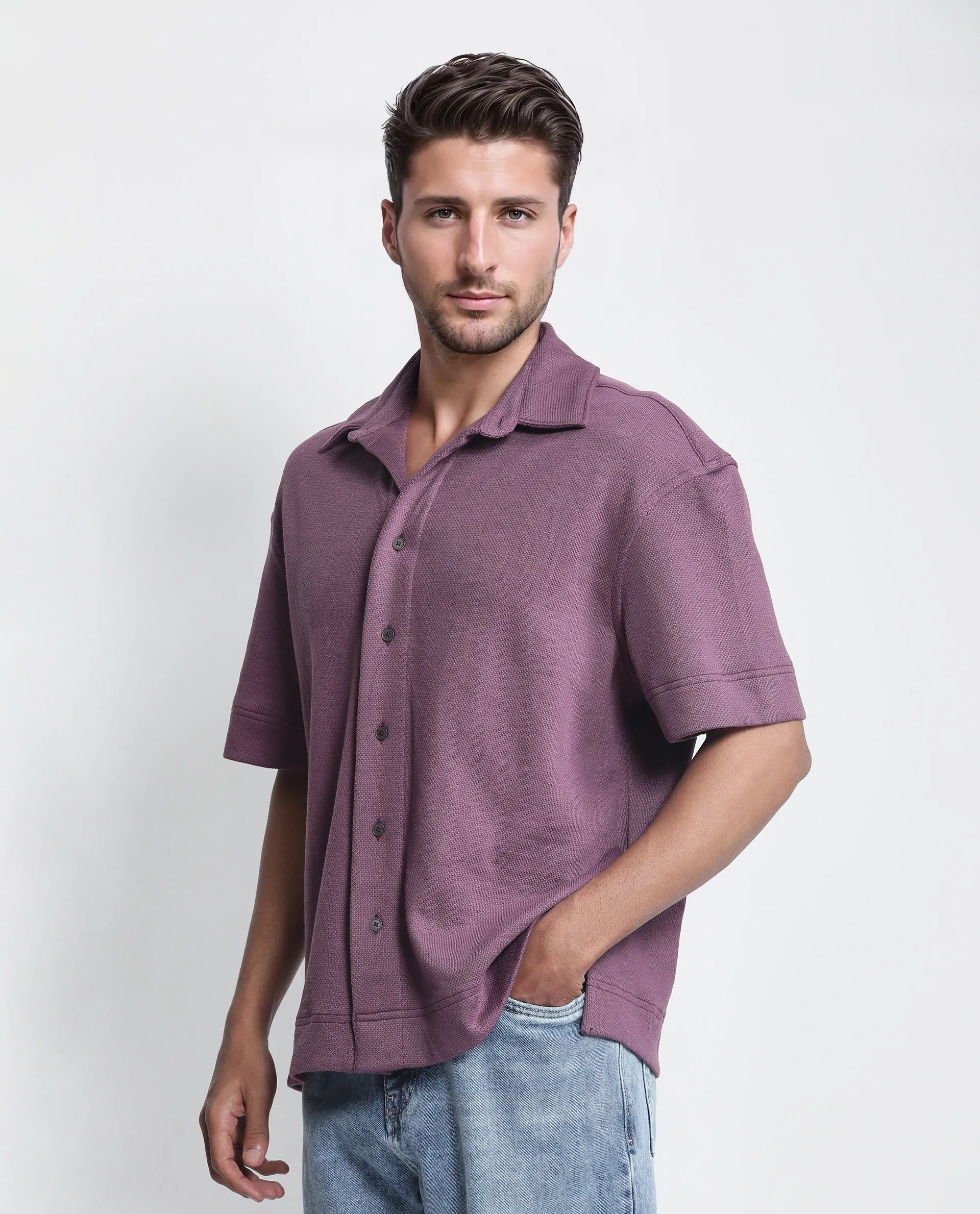 Rare Rabbit Men Kash Purple Viscose Fabric Half Sleeve Collared Neck Button Closure Oversized Fit Plain Shirt