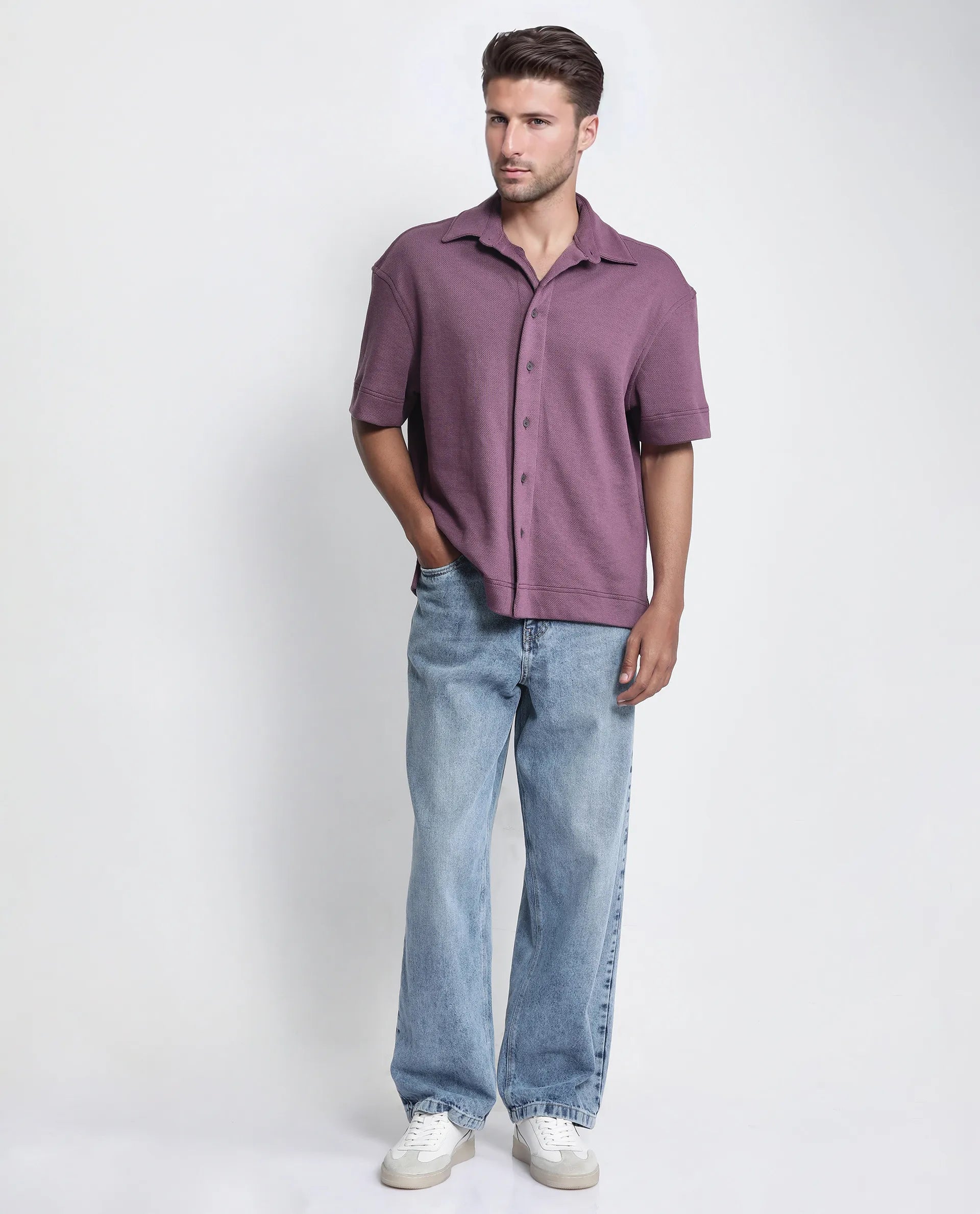 Rare Rabbit Men Kash Purple Viscose Fabric Half Sleeve Collared Neck Button Closure Oversized Fit Plain Shirt