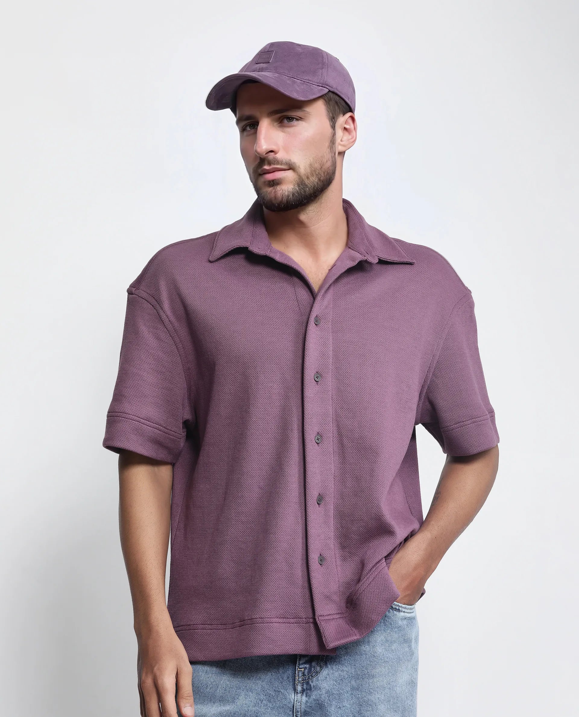 Rare Rabbit Men Kash Purple Viscose Fabric Half Sleeve Collared Neck Button Closure Oversized Fit Plain Shirt
