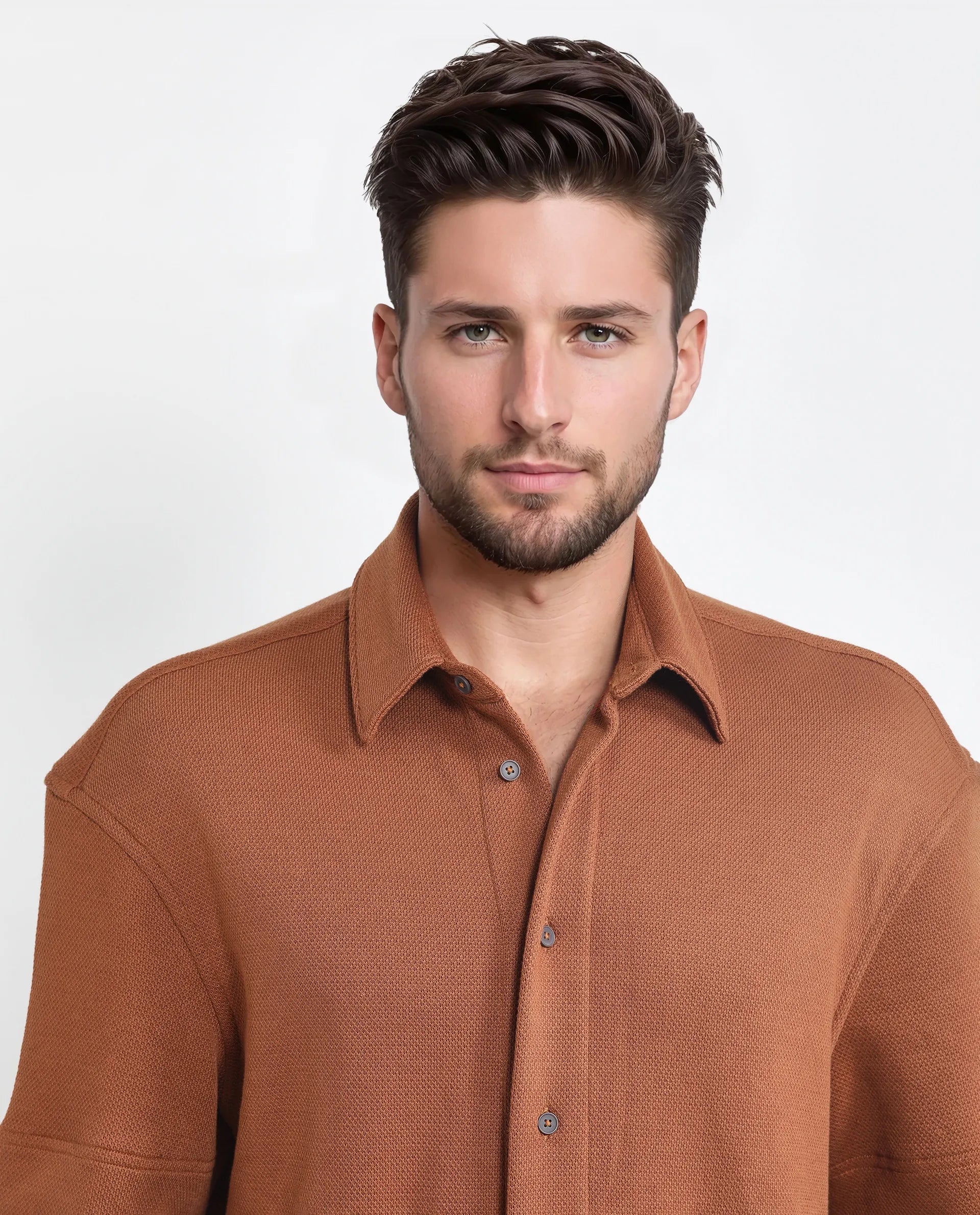 Rare Rabbit Men Kash Rust Viscose Fabric Half Sleeve Collared Neck Button Closure Oversized Fit Plain Shirt