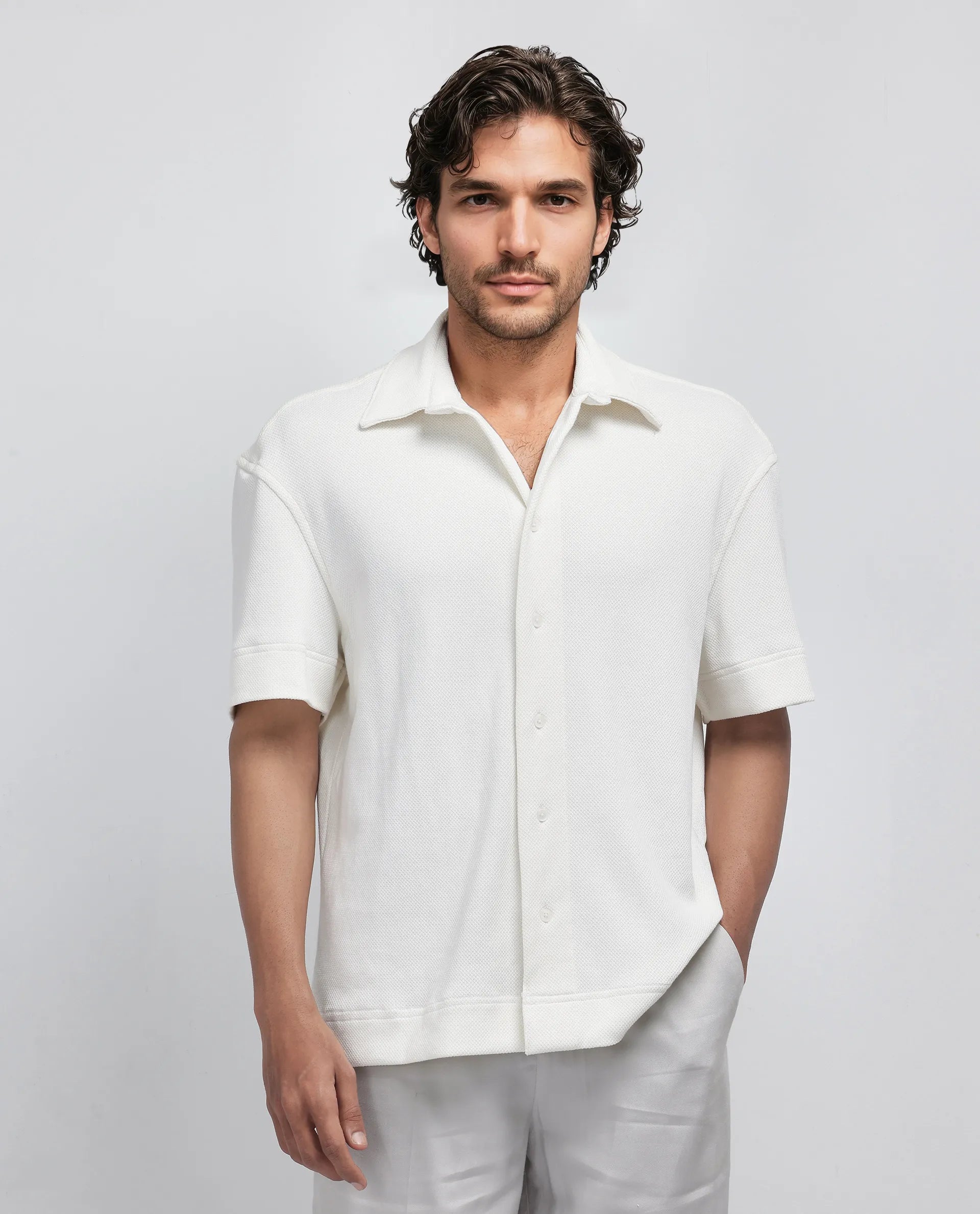 Rare Rabbit Men Kash White Viscose Fabric Half Sleeve Collared Neck Button Closure Oversized Fit Plain Shirt