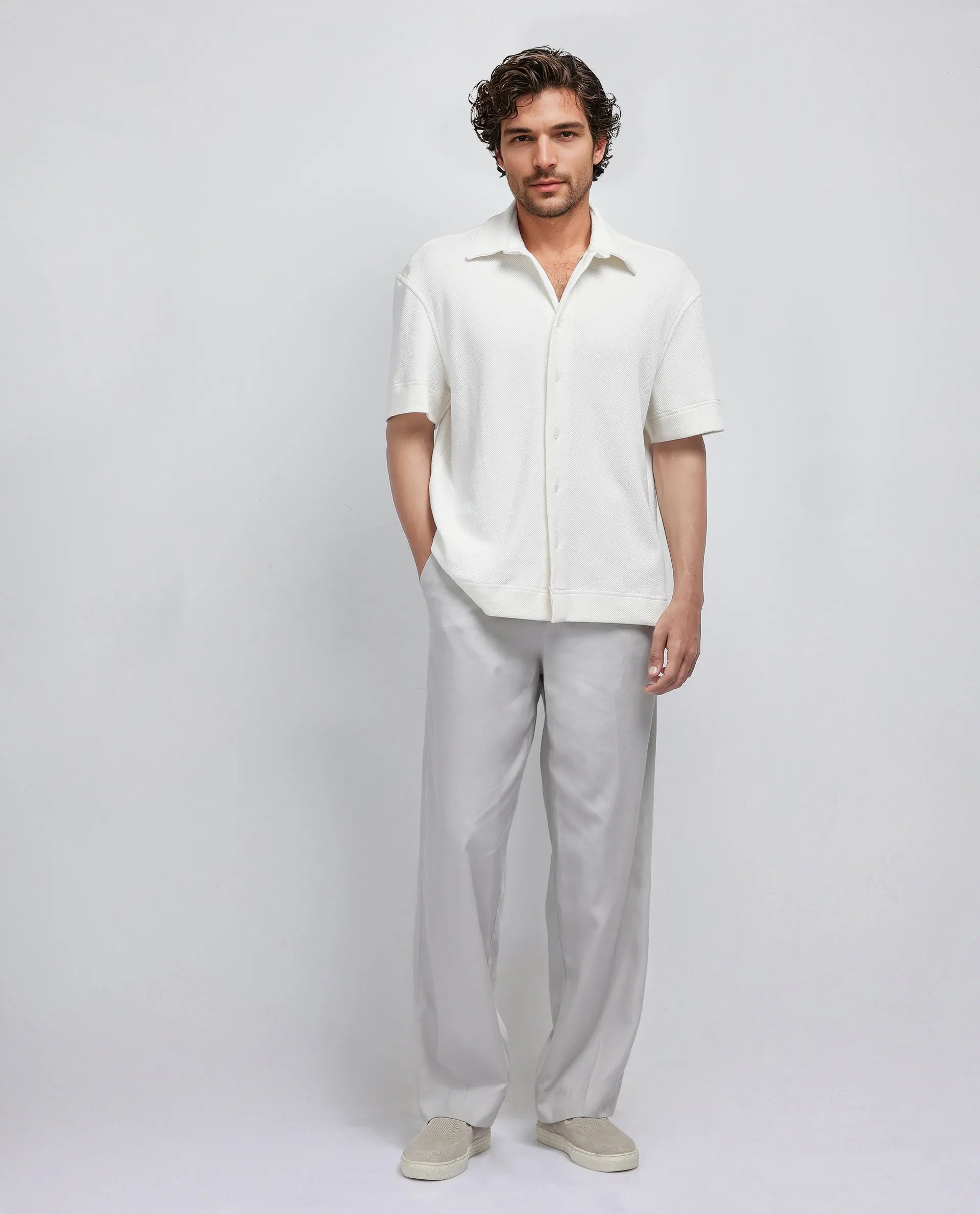 Rare Rabbit Men Kash White Viscose Fabric Half Sleeve Collared Neck Button Closure Oversized Fit Plain Shirt