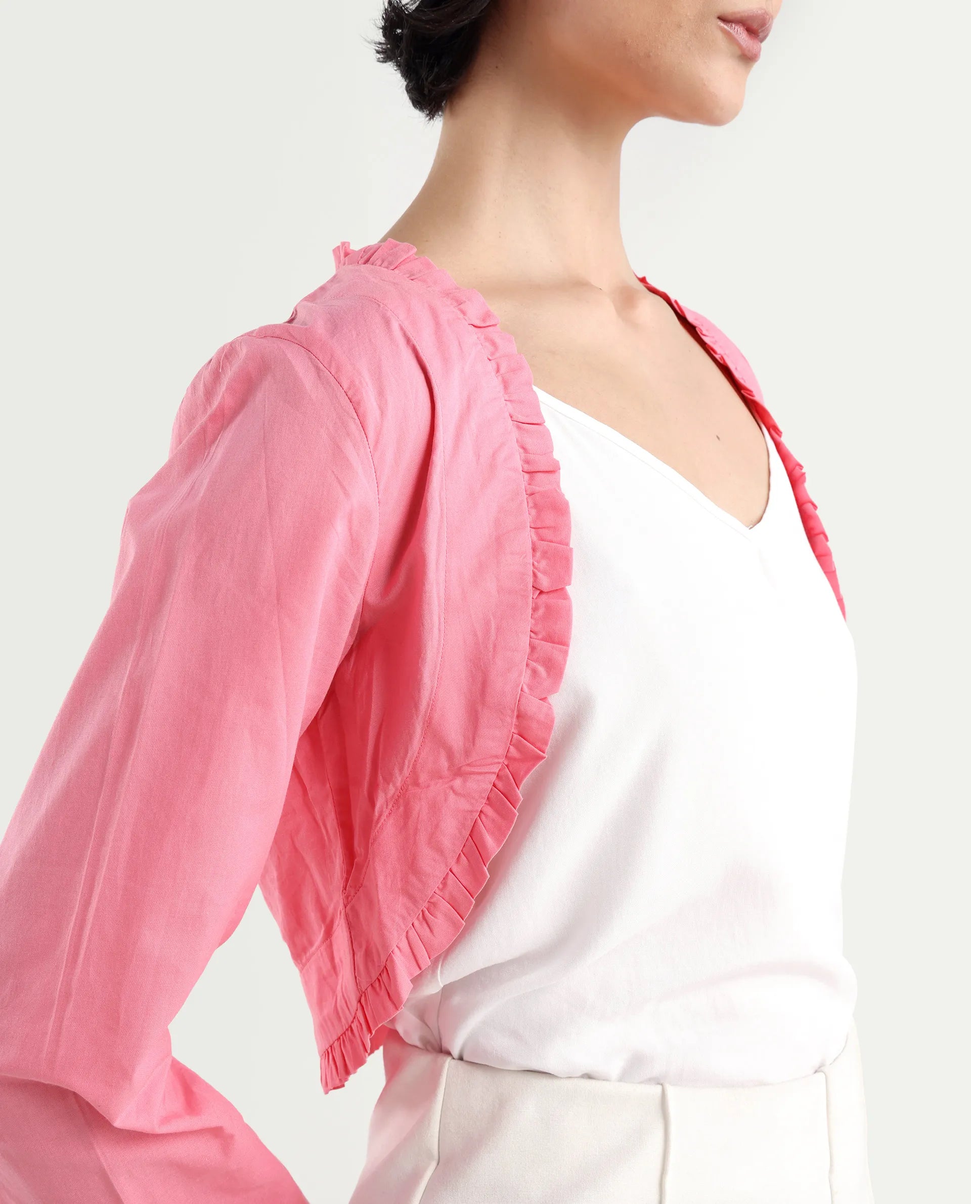 Rareism Women's Kathy Overlay Pink Cotton V-Neck Plain Crop Relaxed Fit Shrug