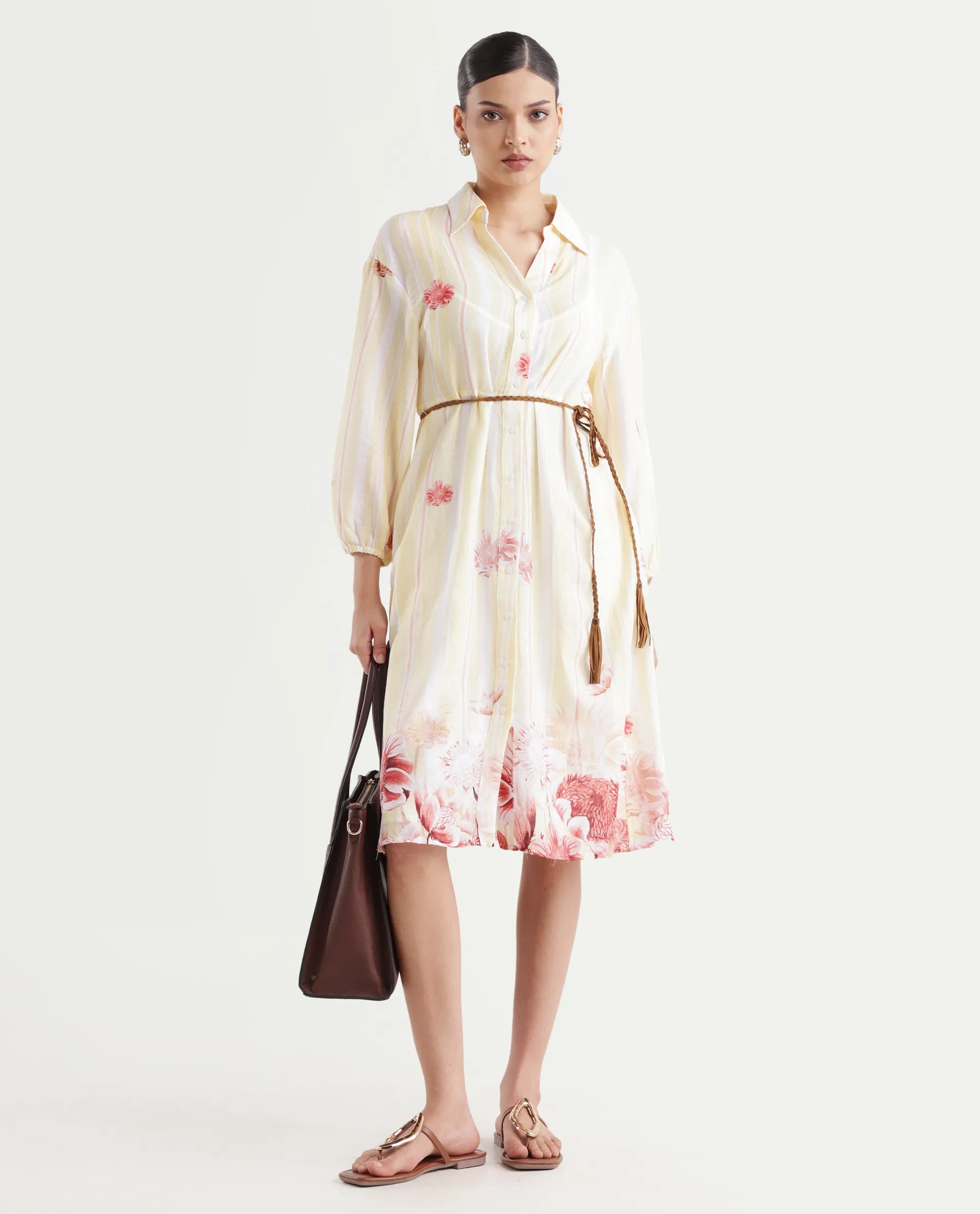 Rareism Women's Katina Yellow Cotton Drop Collar Striped Midi A-Line Dress