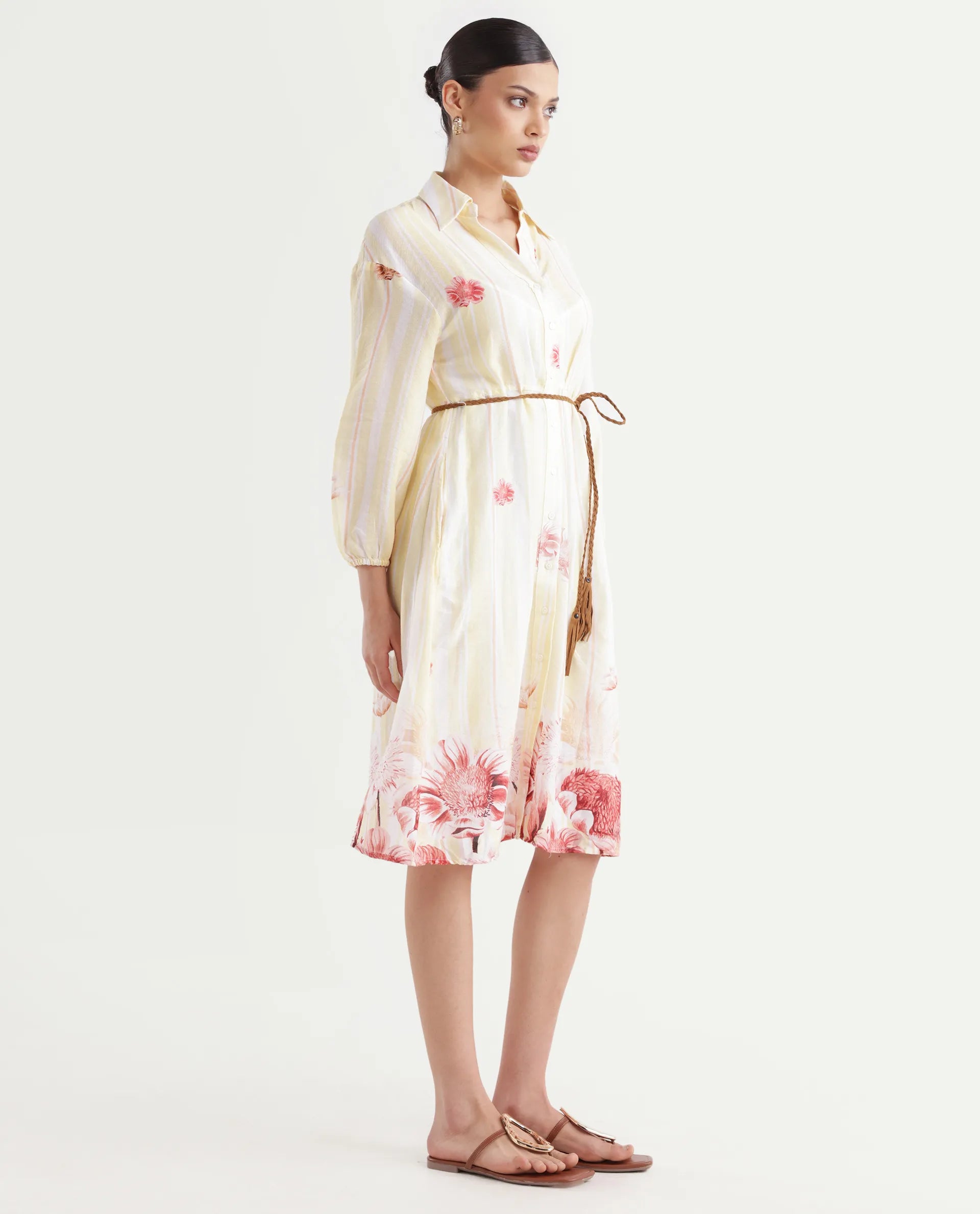 Rareism Women's Katina Yellow Cotton Drop Collar Striped Midi A-Line Dress