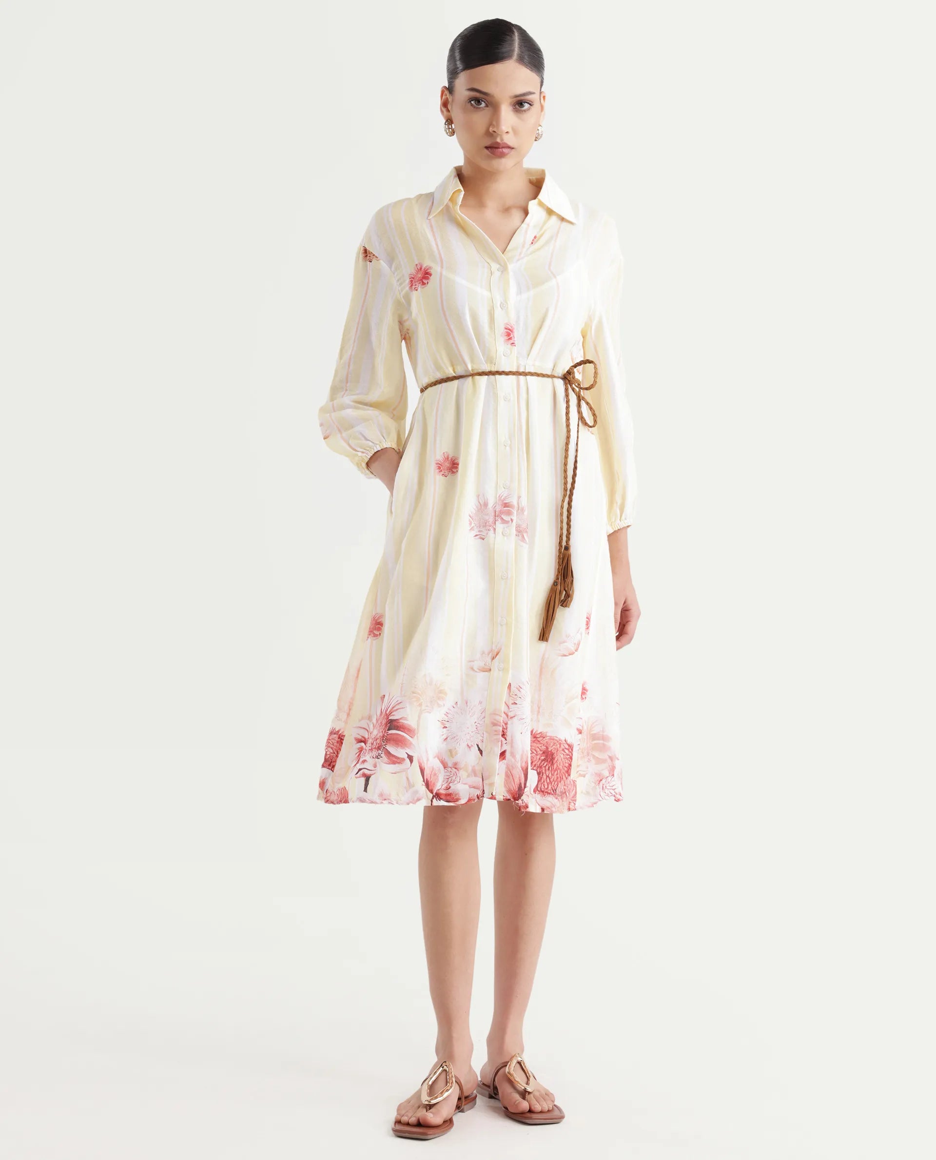 Rareism Women's Katina Yellow Cotton Drop Collar Striped Midi A-Line Dress