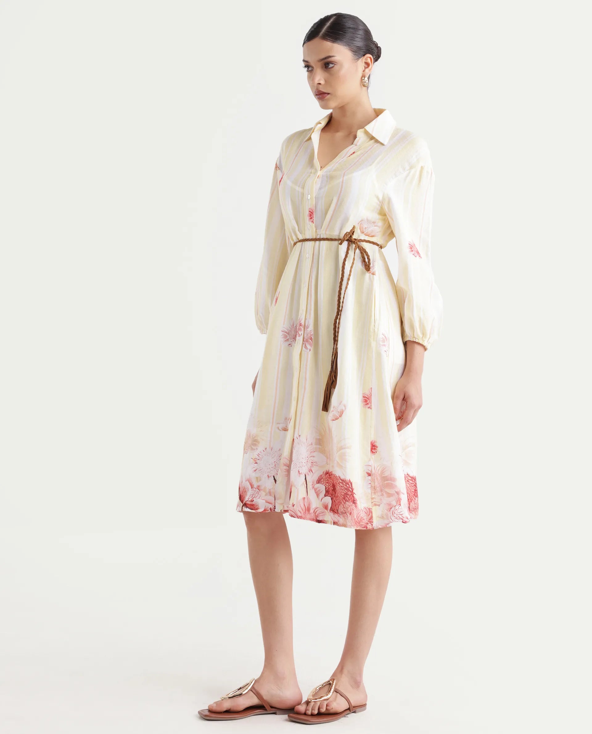 Rareism Women's Katina Yellow Cotton Drop Collar Striped Midi A-Line Dress