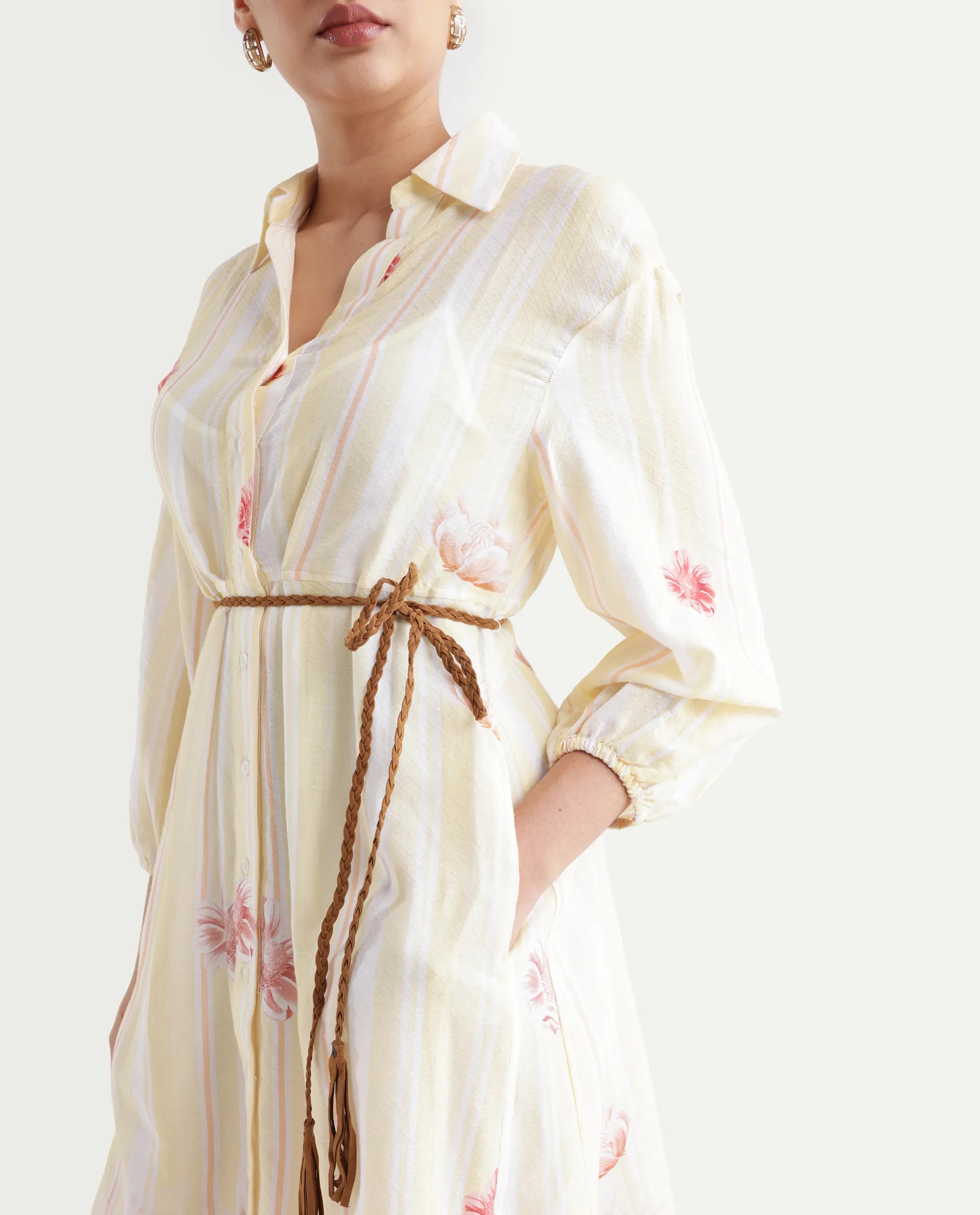 Rareism Women's Katina Yellow Cotton Drop Collar Striped Midi A-Line Dress