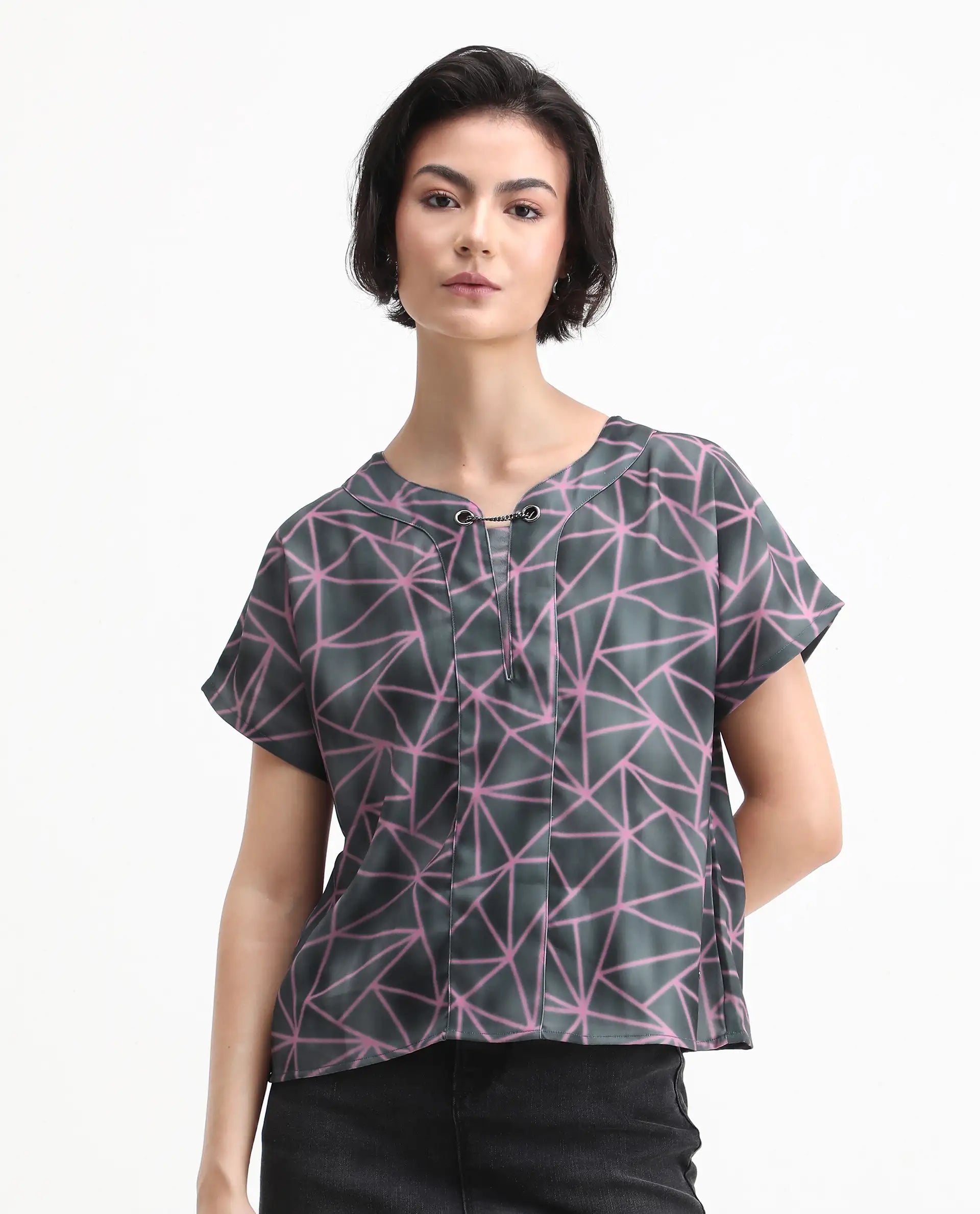 Rareism Women's Katya Grey Polyester Blend Collarless Abstract Print Extended Sleeves Regular Fit Top